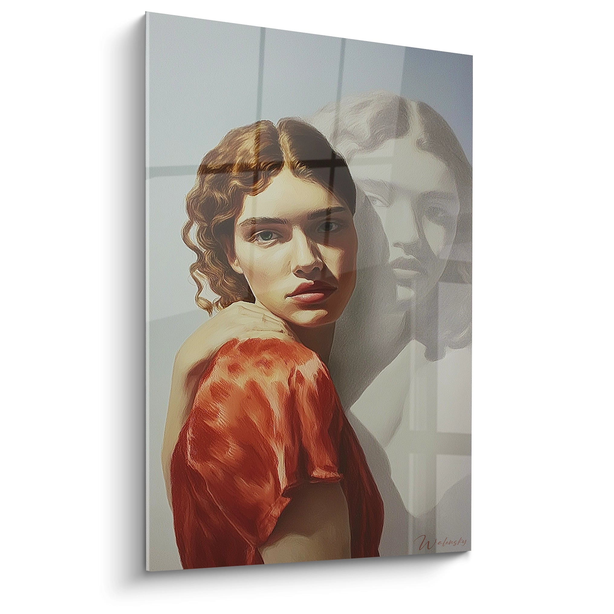Walensky tableau portrait femme hyperréalisme en robe rouge avec reflet et ombre de fenêtre peinture murale