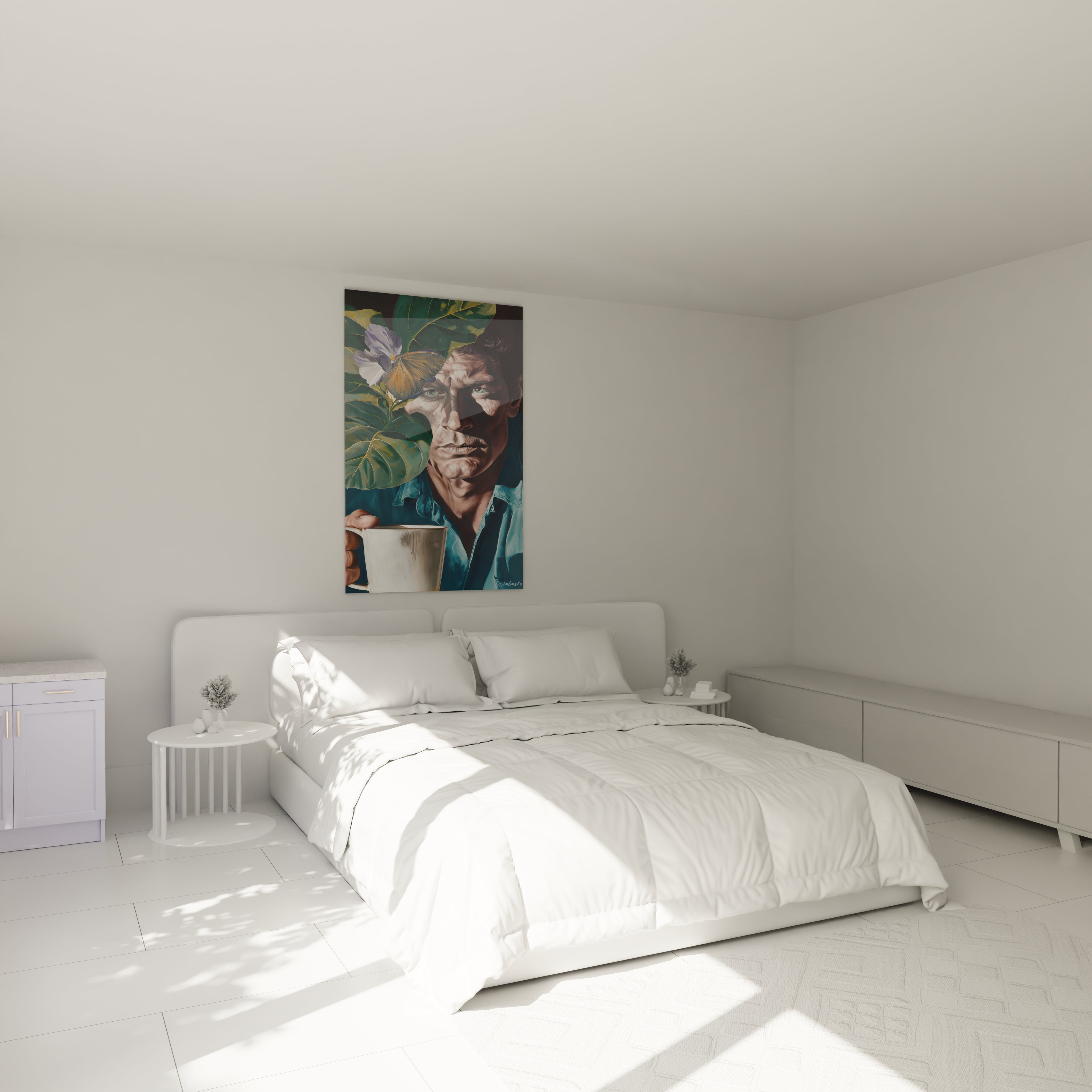 tableau portrait hyperréalisme Walensky accroché au dessus d un lit blanc minimaliste dans une chambre lumineuse