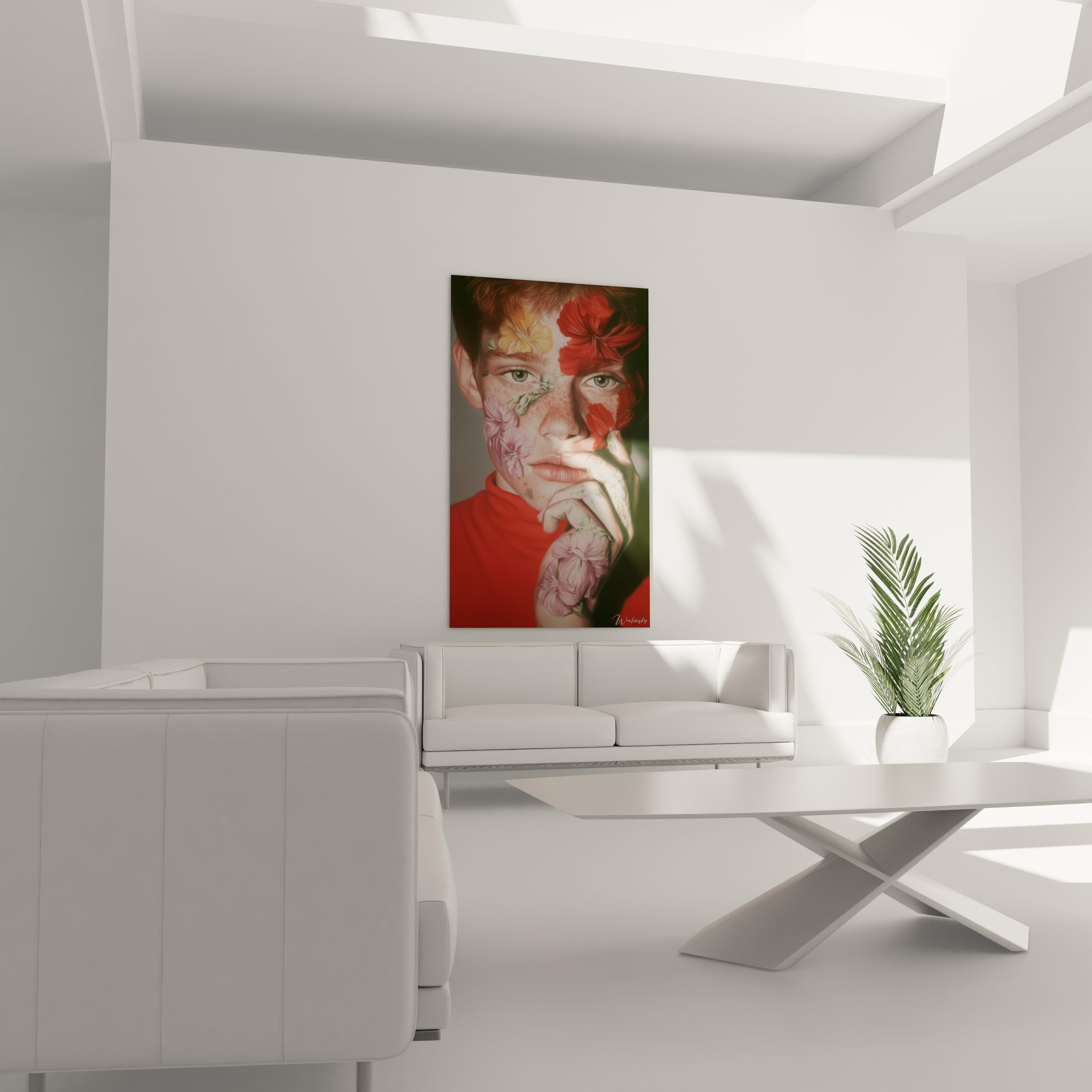 Tableau mural Walensky d'un portrait féminin peint de fleurs rouges, main près des lèvres, tableau portrait hyperréalisme