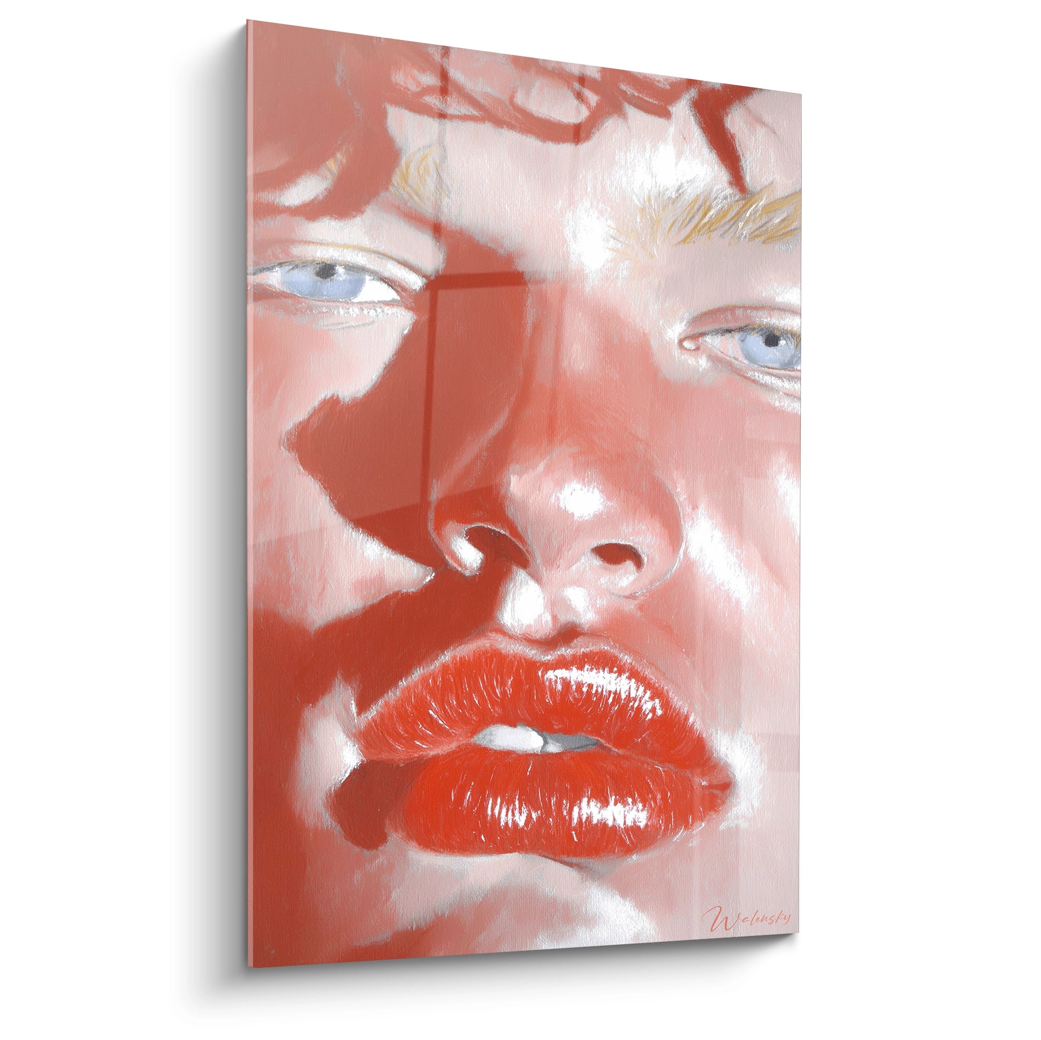 Walensky tableau portrait hyperréaliste grand format gros plan visage aux lèvres rouges brillantes et yeux bleus