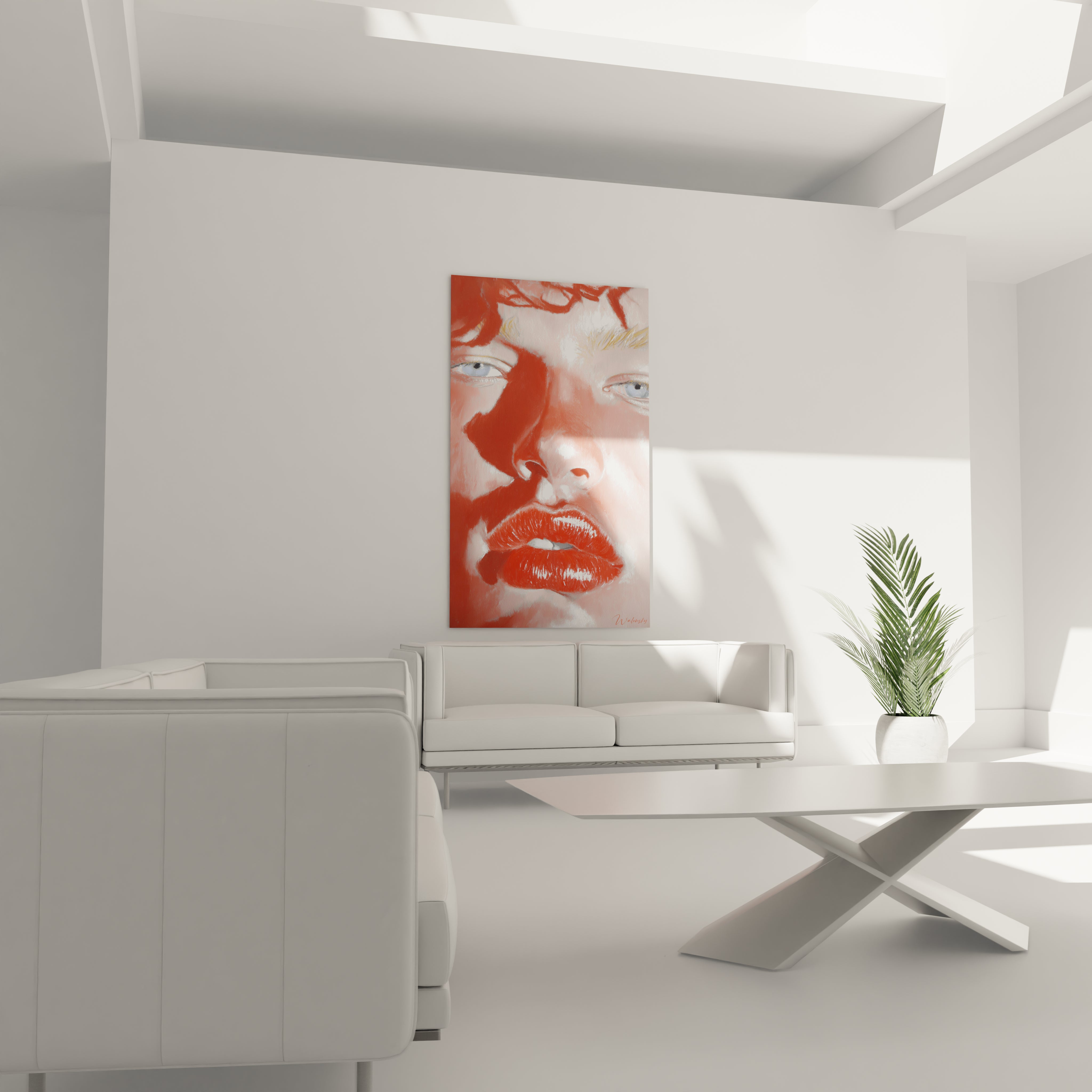 tableau portrait hyperréaliste Walensky accroché dans un salon minimaliste blanc avec canapé table basse et plante