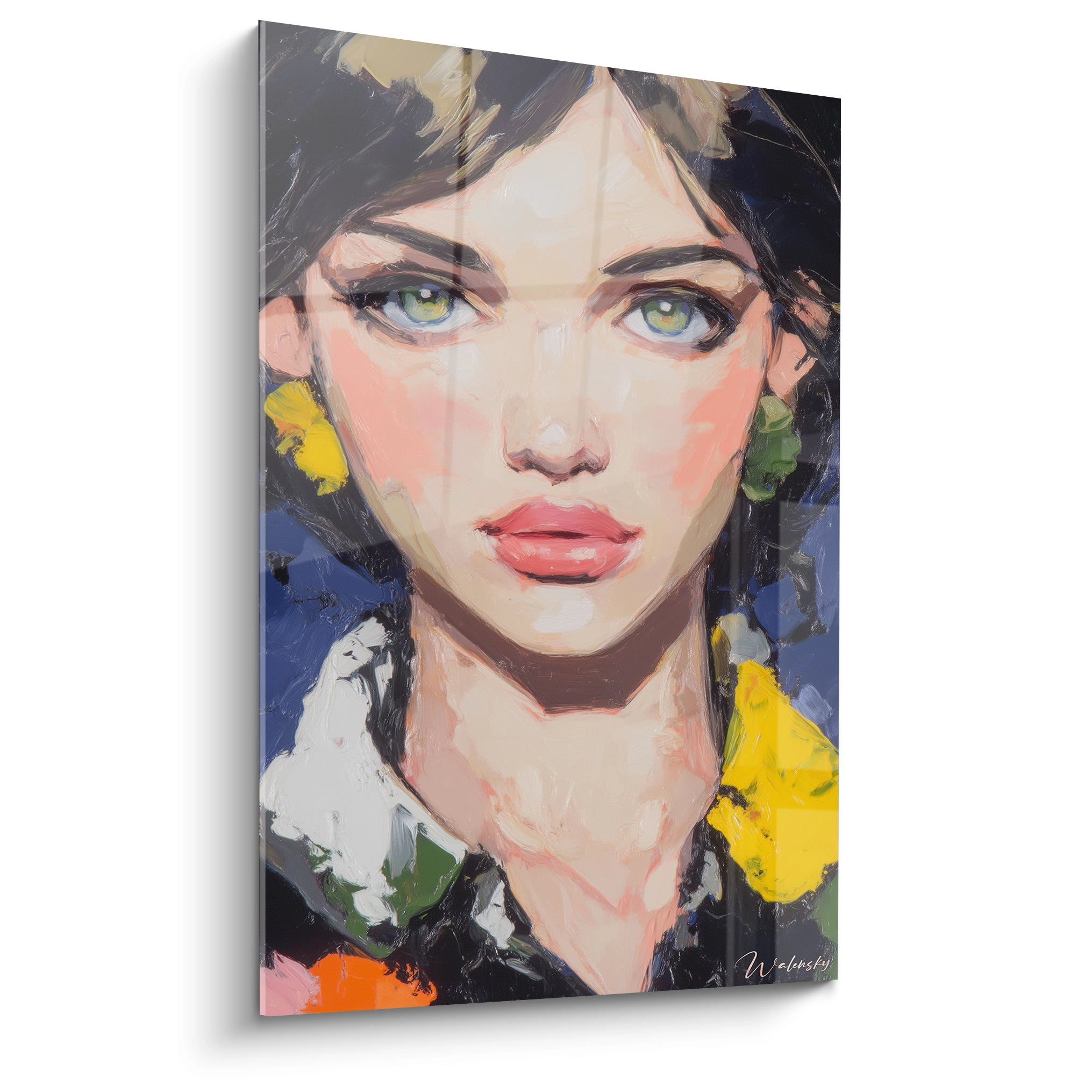 tableau portrait impressionnisme d'une femme aux yeux verts, coups de pinceau colorés et style moderne sur toile Walensky