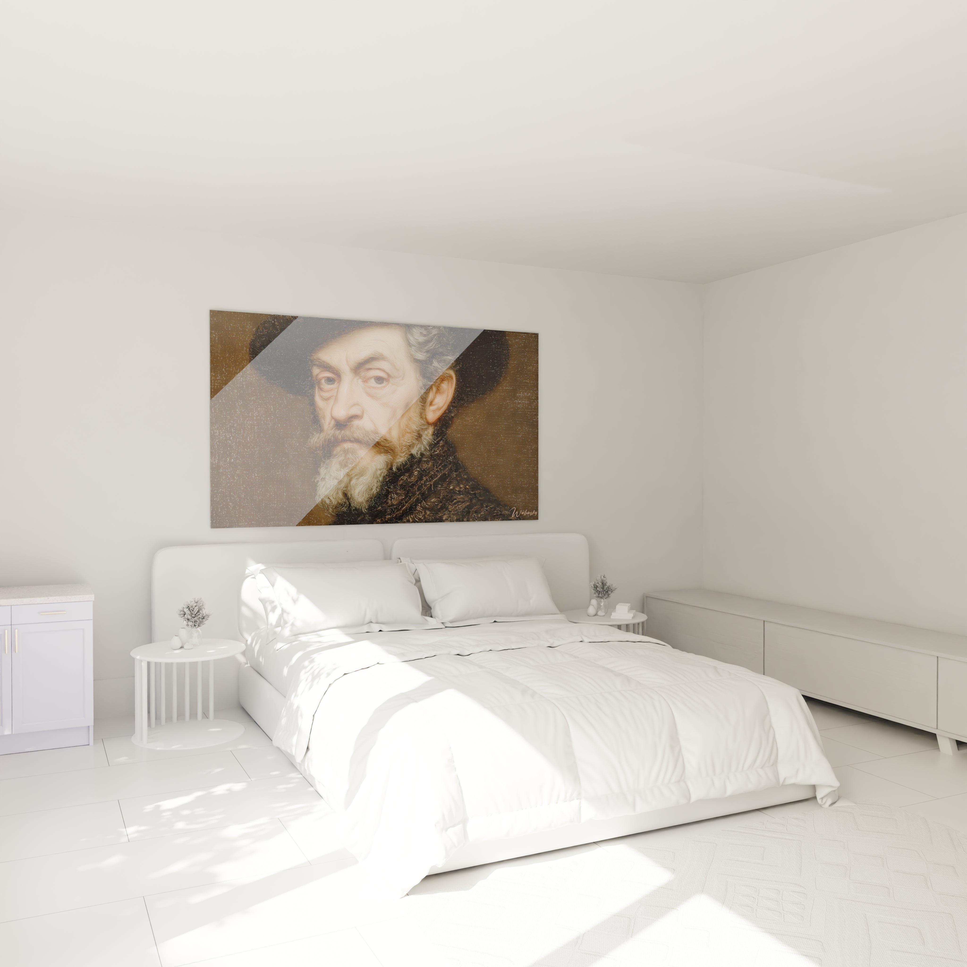 Walensky tableau portrait maître penseur accroché au dessus du lit dans chambre blanche minimaliste