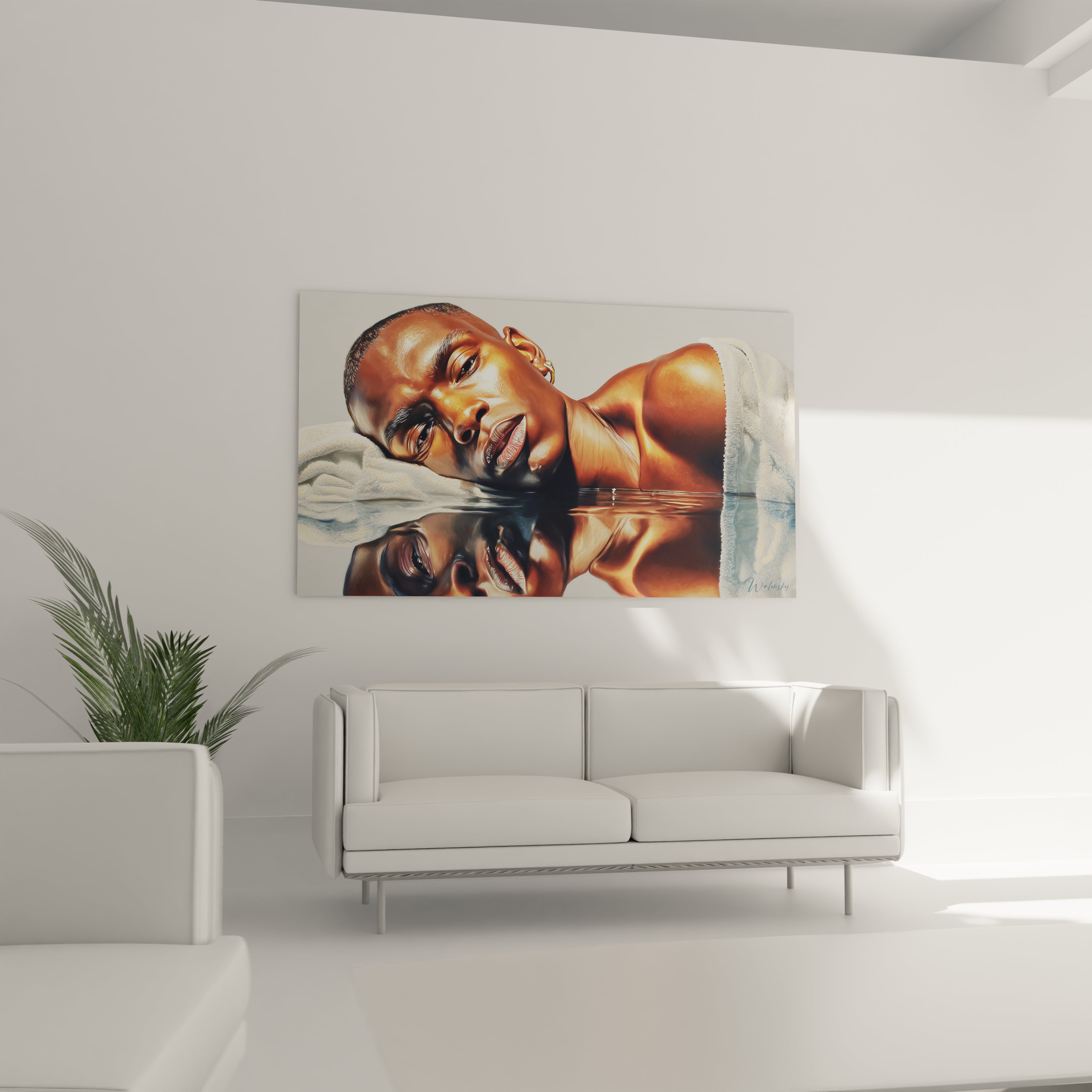 Walensky tableau portrait miroir liquide au dessus d un canapé dans un salon minimaliste portrait réfléchi d homme