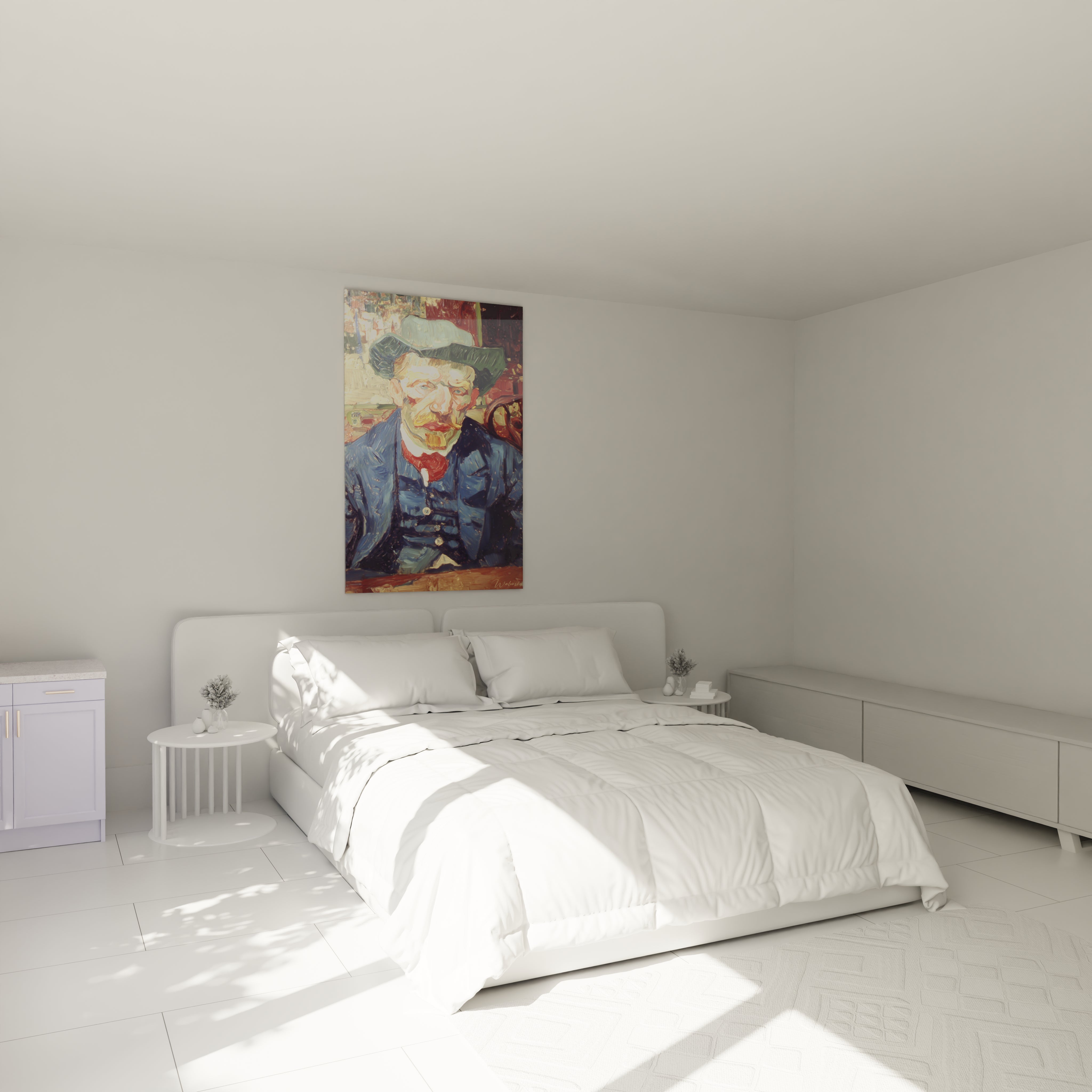 Walensky tableau portrait post impressionnisme accroché au dessus de un lit blanc dans une chambre minimaliste et lumineuse