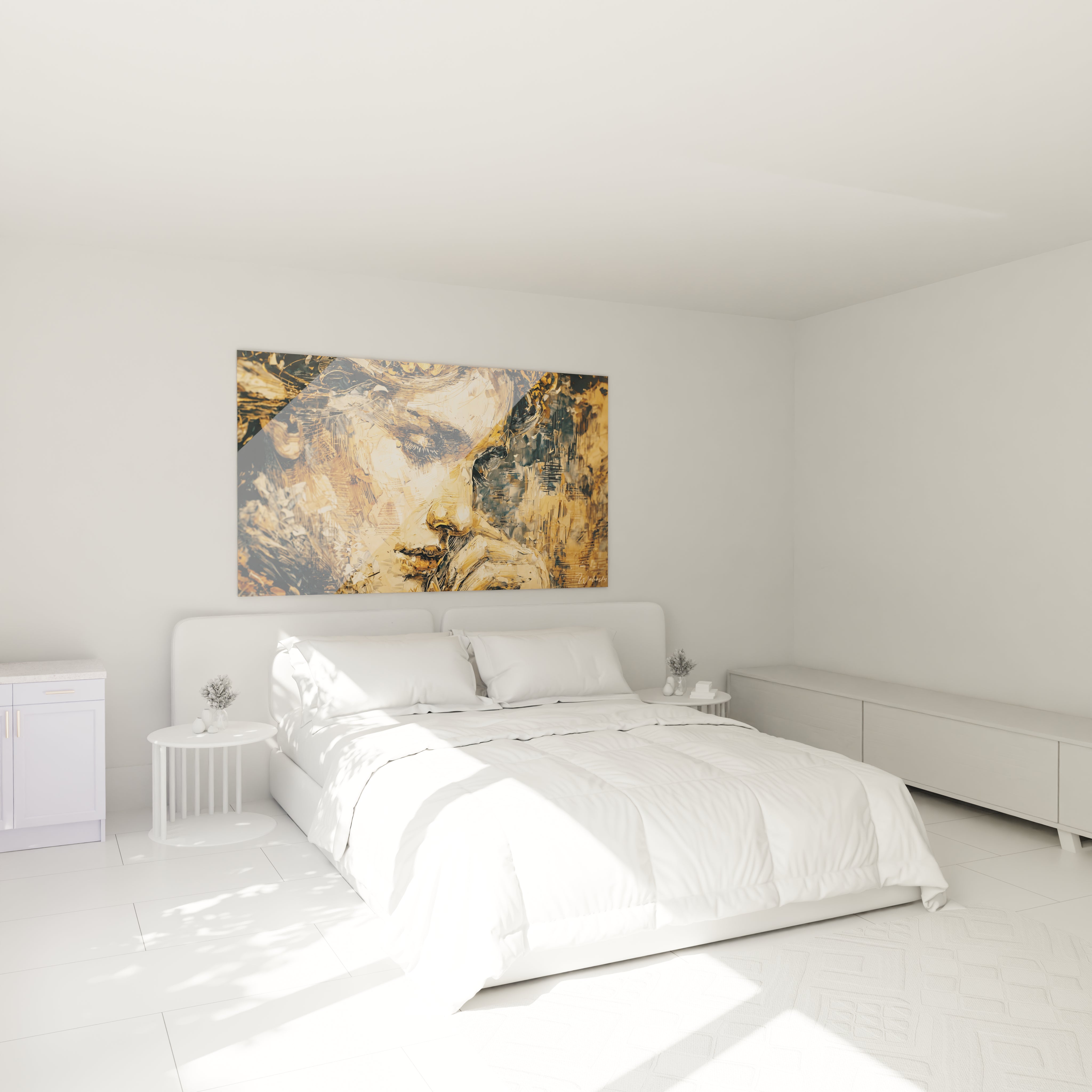 tableau portrait sfumato Walensky accroche au mur au dessus d un lit blanc minimaliste dans une chambre lumineuse moderne