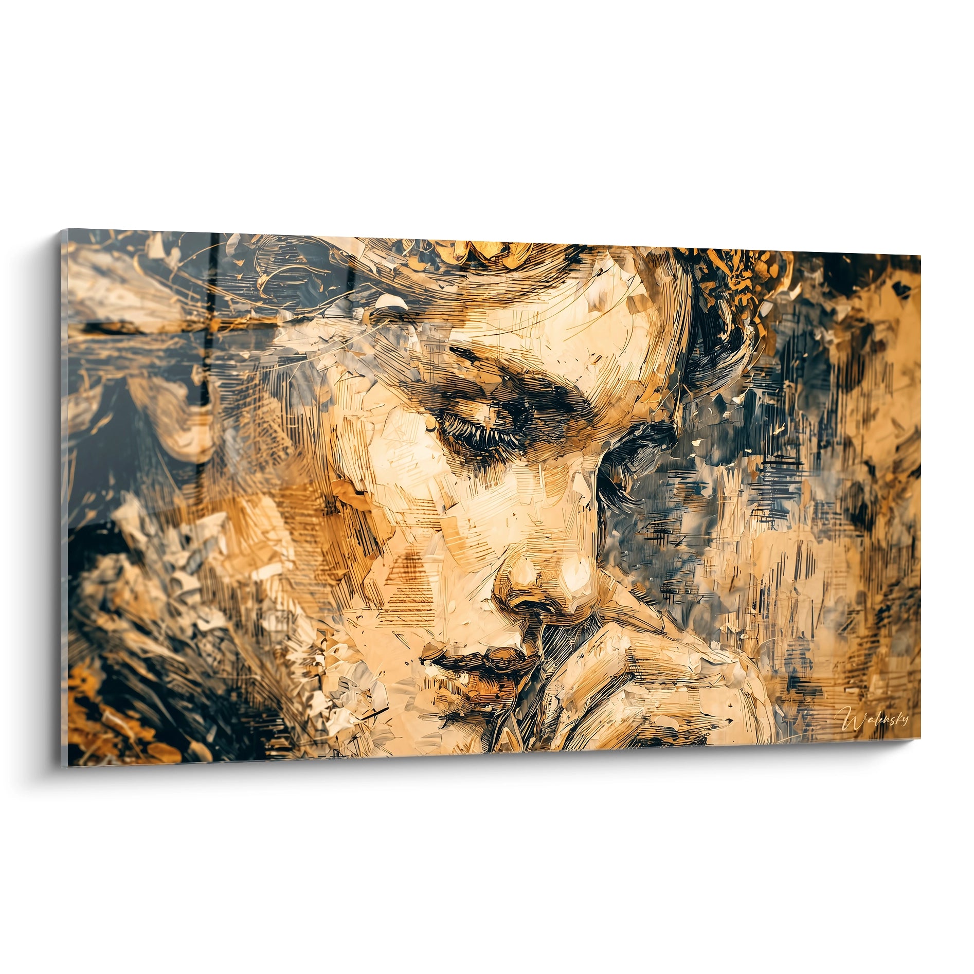 Walensky tableau portrait sfumato mural représentant visage de femme contemplative en tons ocres et textures picturales