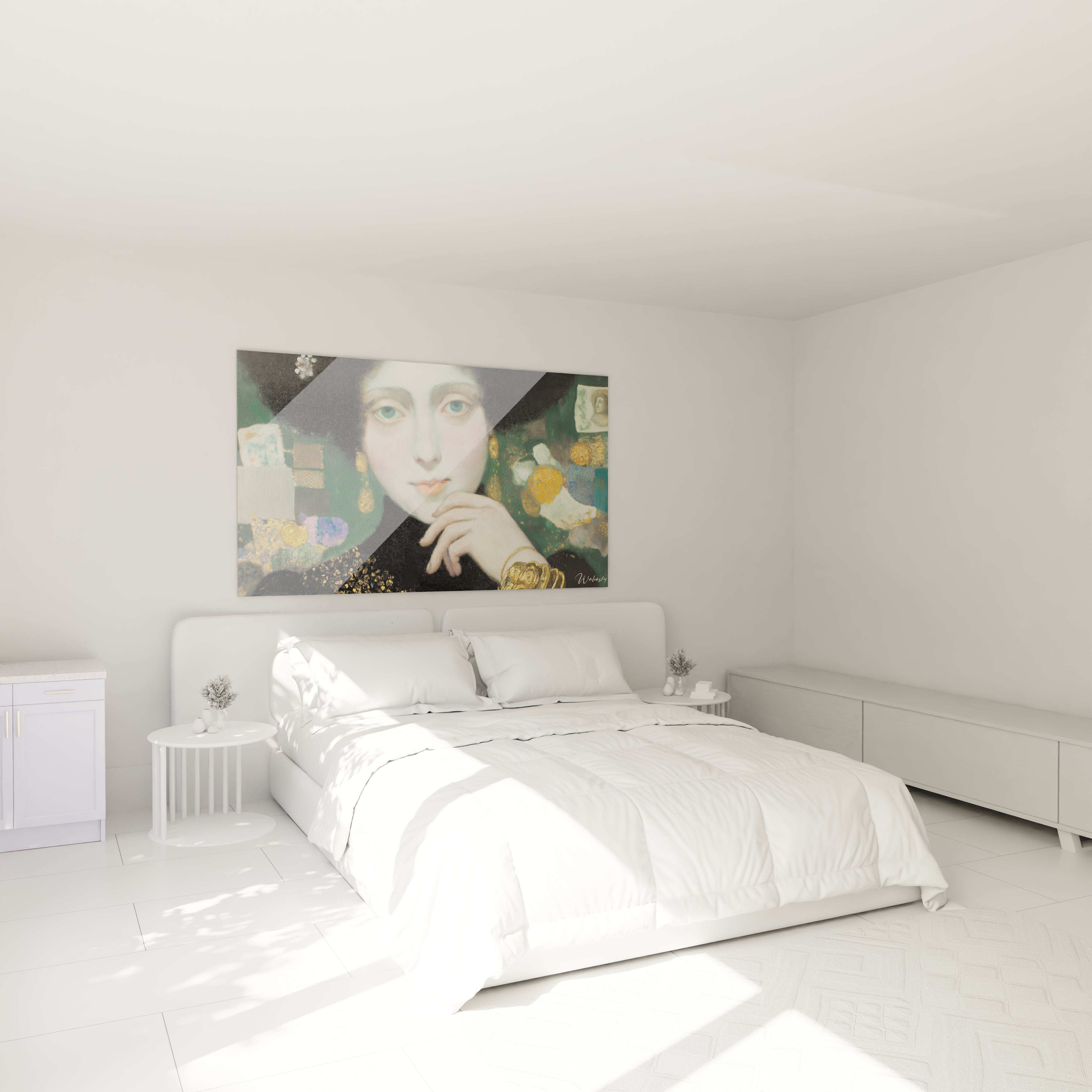 Tableau mural Walensky montrant un tableau portrait symboliste placé au dessus d un grand lit blanc minimaliste