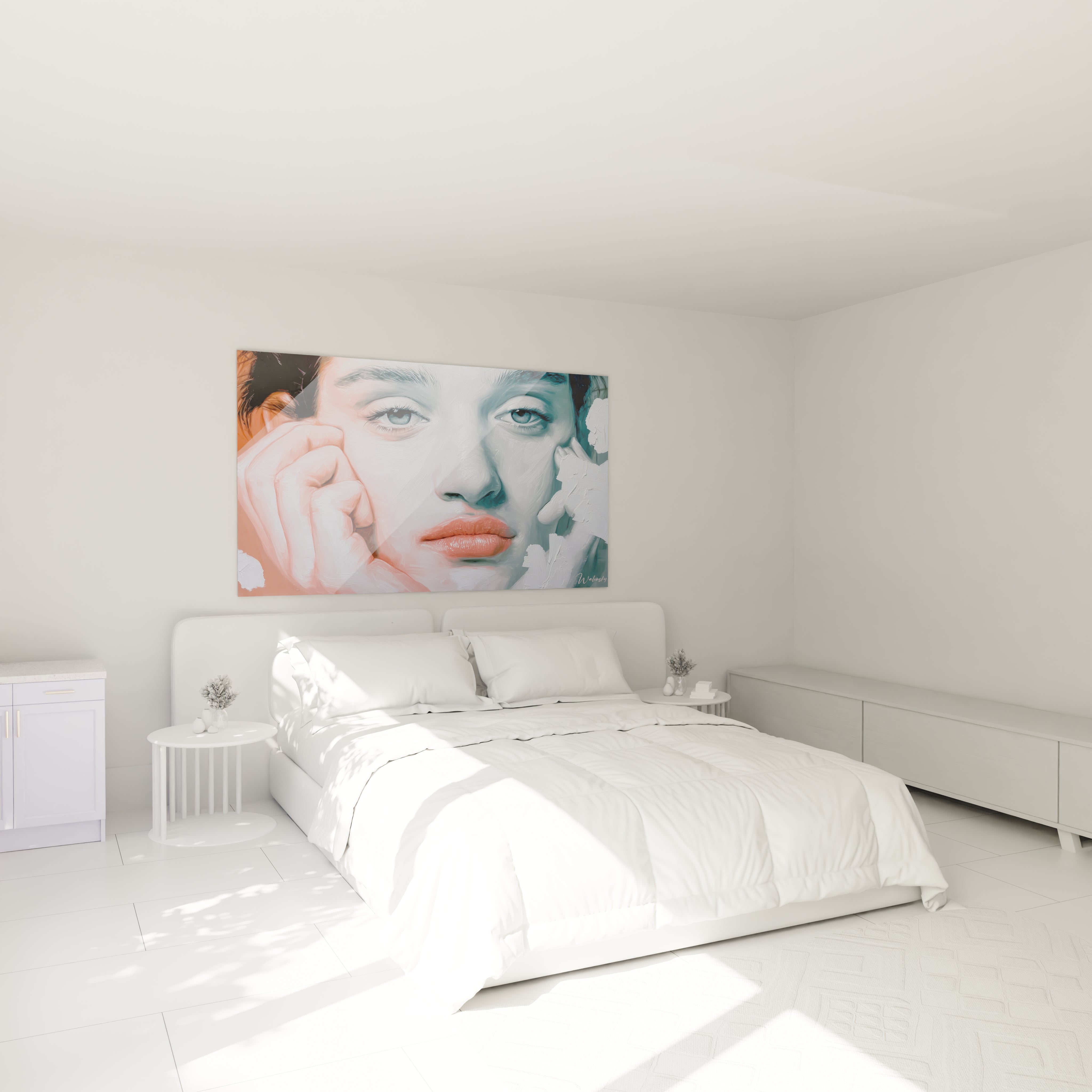 Tableau mural Walensky tableau portrait yeux océan grand portrait féminin aux tons pastel au dessus du lit blanc minimaliste