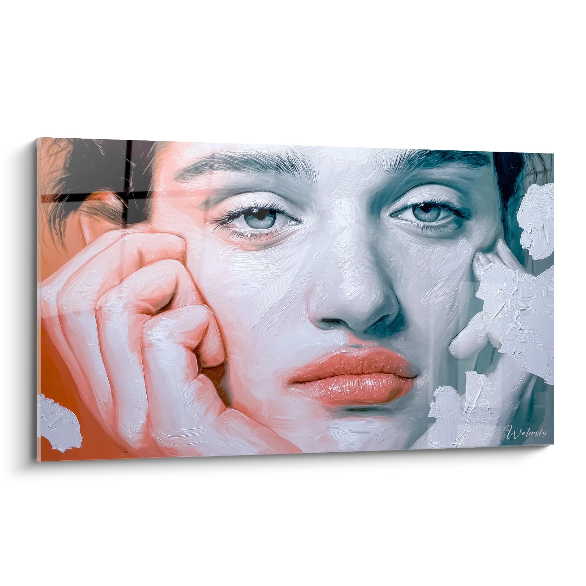 tableau portrait yeux océan Walensky grand format peinture moderne visage féminin mains sur joue teintes bleues et corail