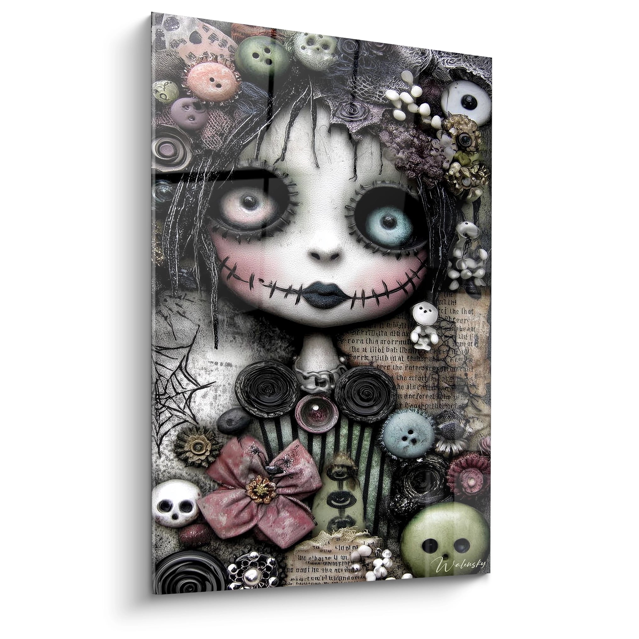 Walensky tableau poupée halloween mural style gothique avec poupée cousue yeux tres grands boutons fleurs crane