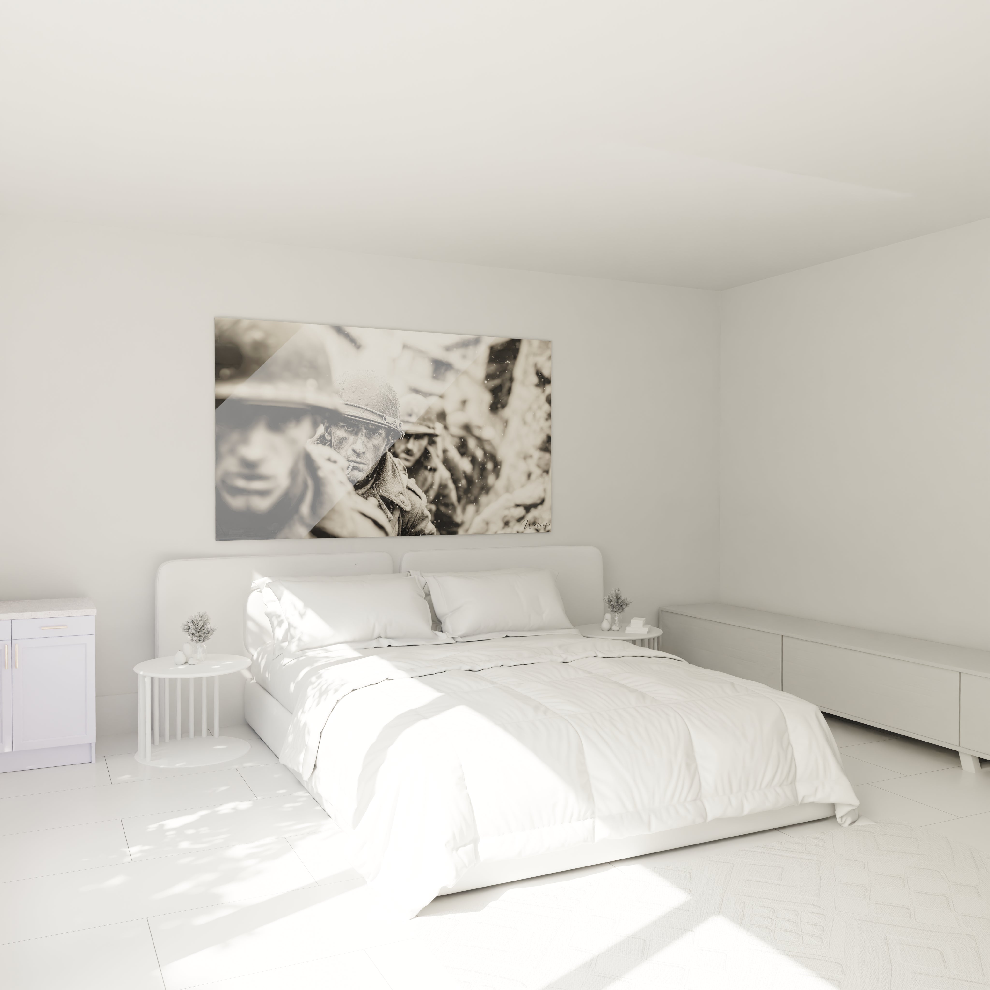 tableau Première Guerre mondiale Walensky accroché au dessus d un lit king size dans une chambre epuree et lumineuse