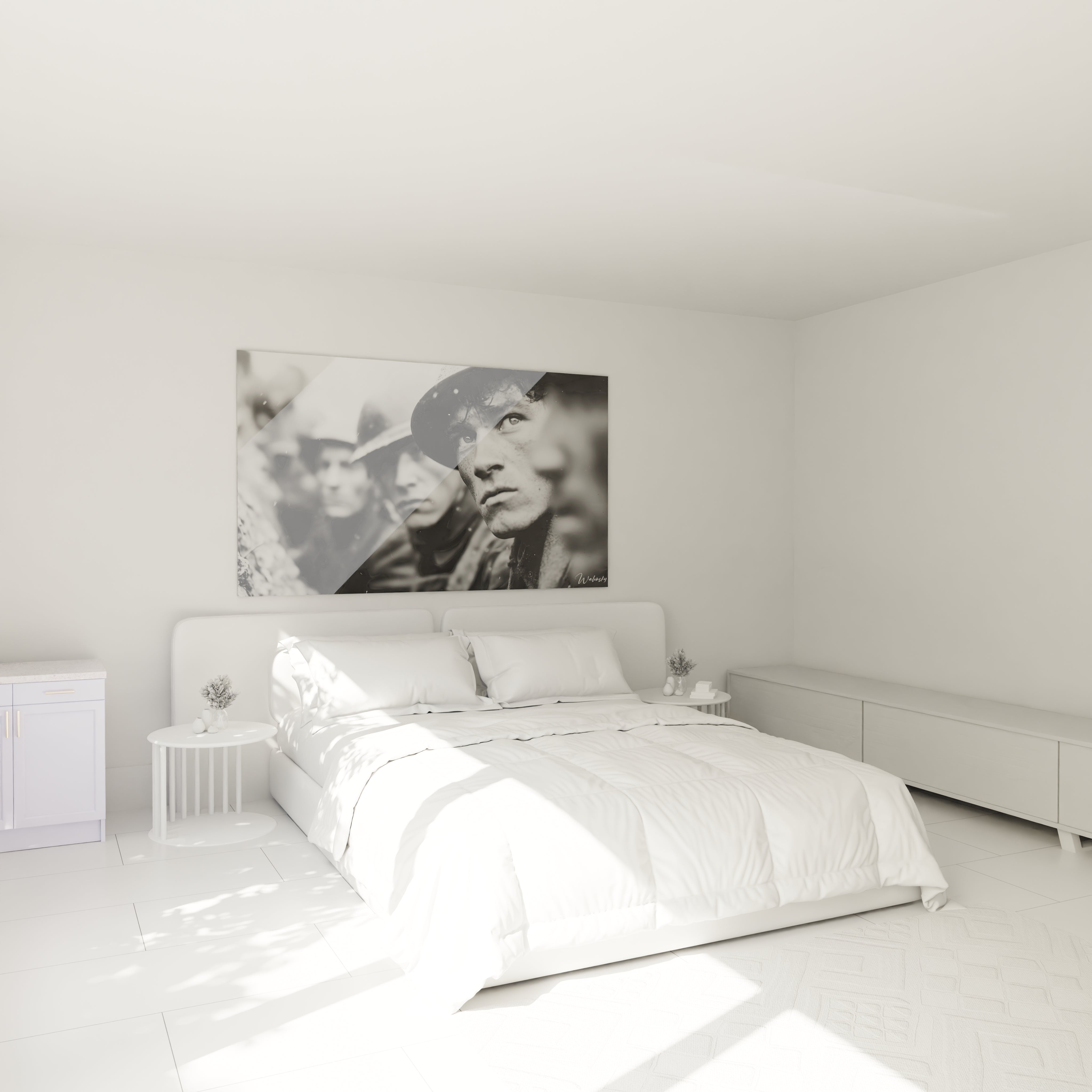 Tableau mural Walensky noir et blanc representant visages de soldats dans chambre minimaliste, tableau Première Guerre mondiale