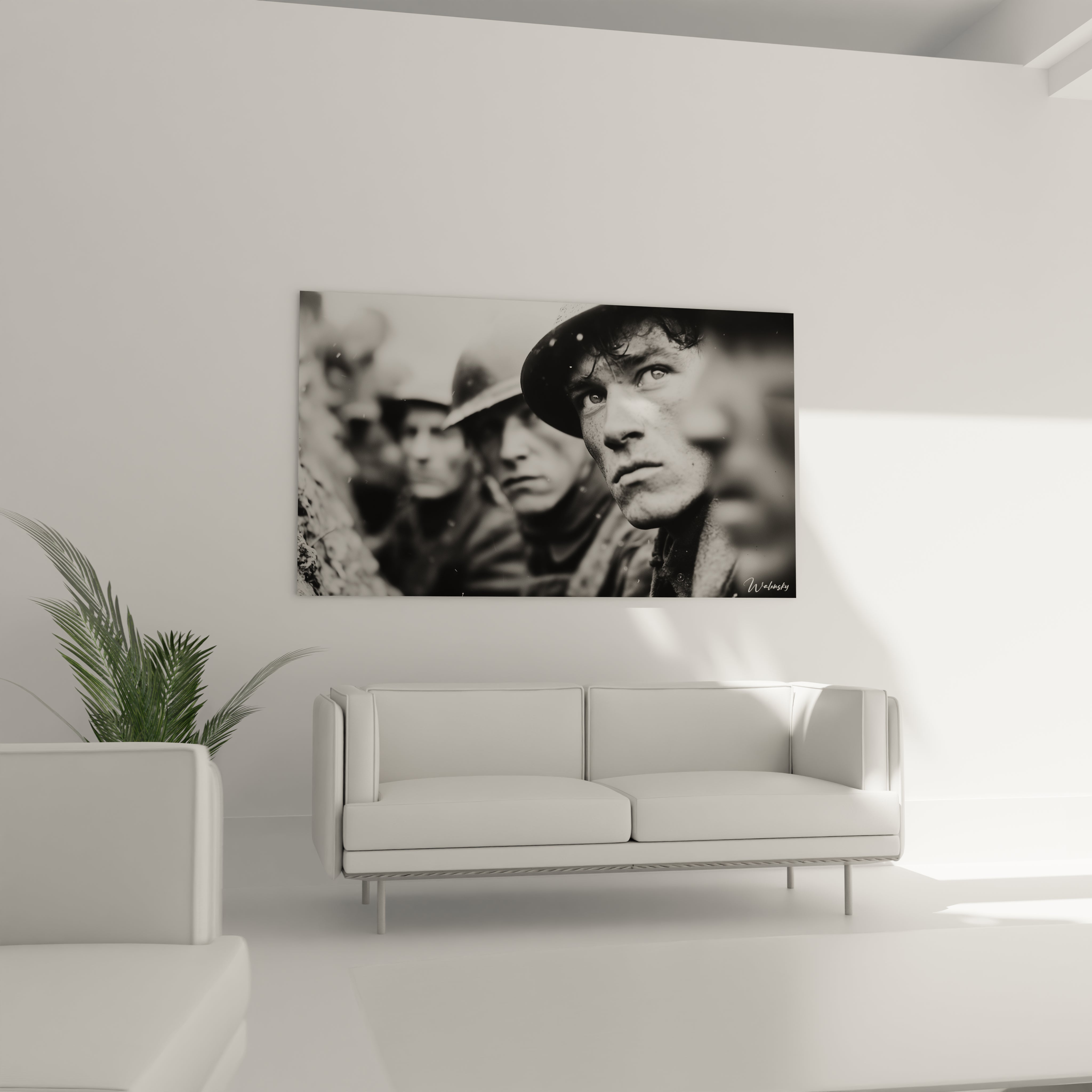 Walensky tableau Première Guerre mondiale en photo noir et blanc montrant des soldats dans un salon moderne