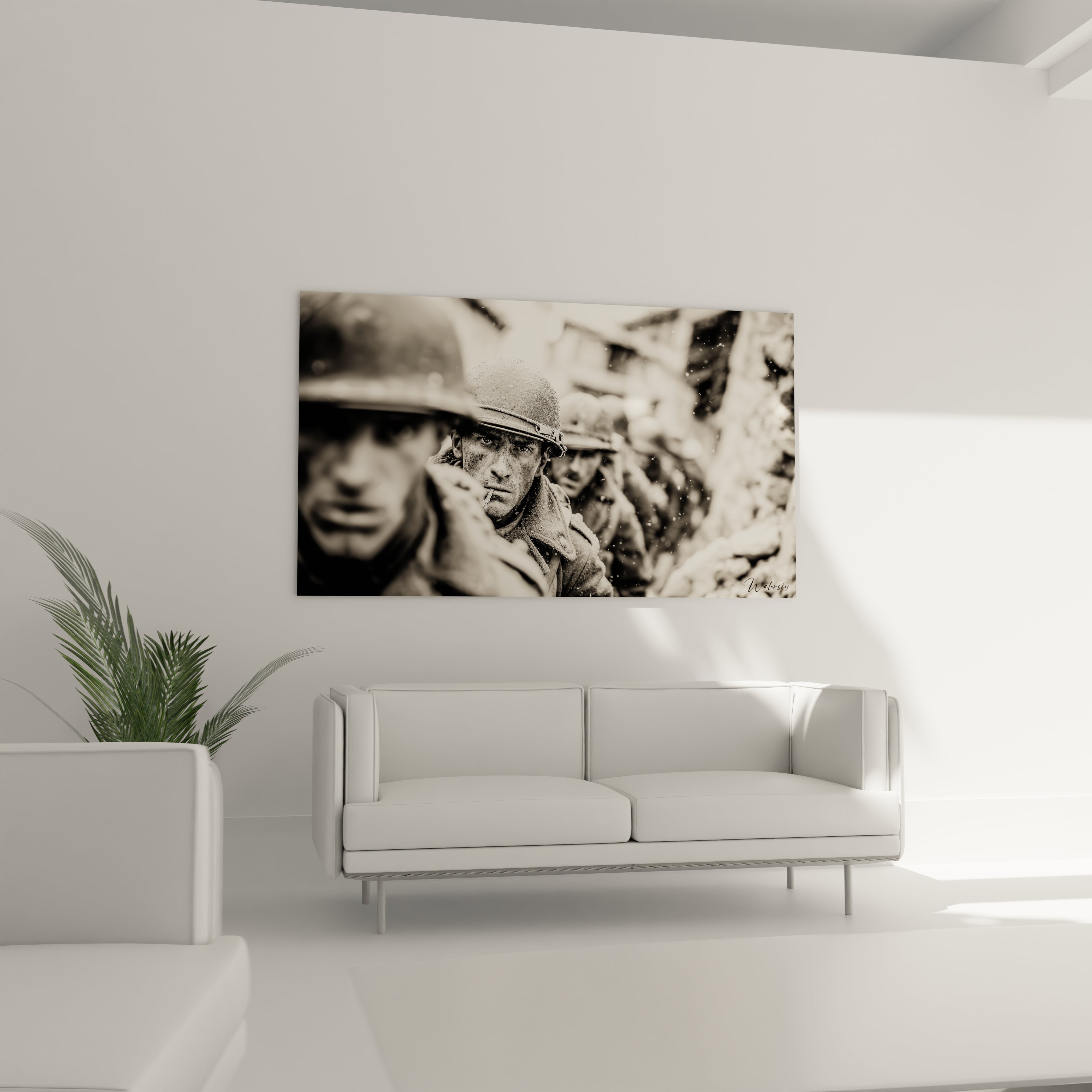tableau Première Guerre mondiale Walensky montrant soldats en tranchée sépia accroché au dessus d un canapé moderne blanc