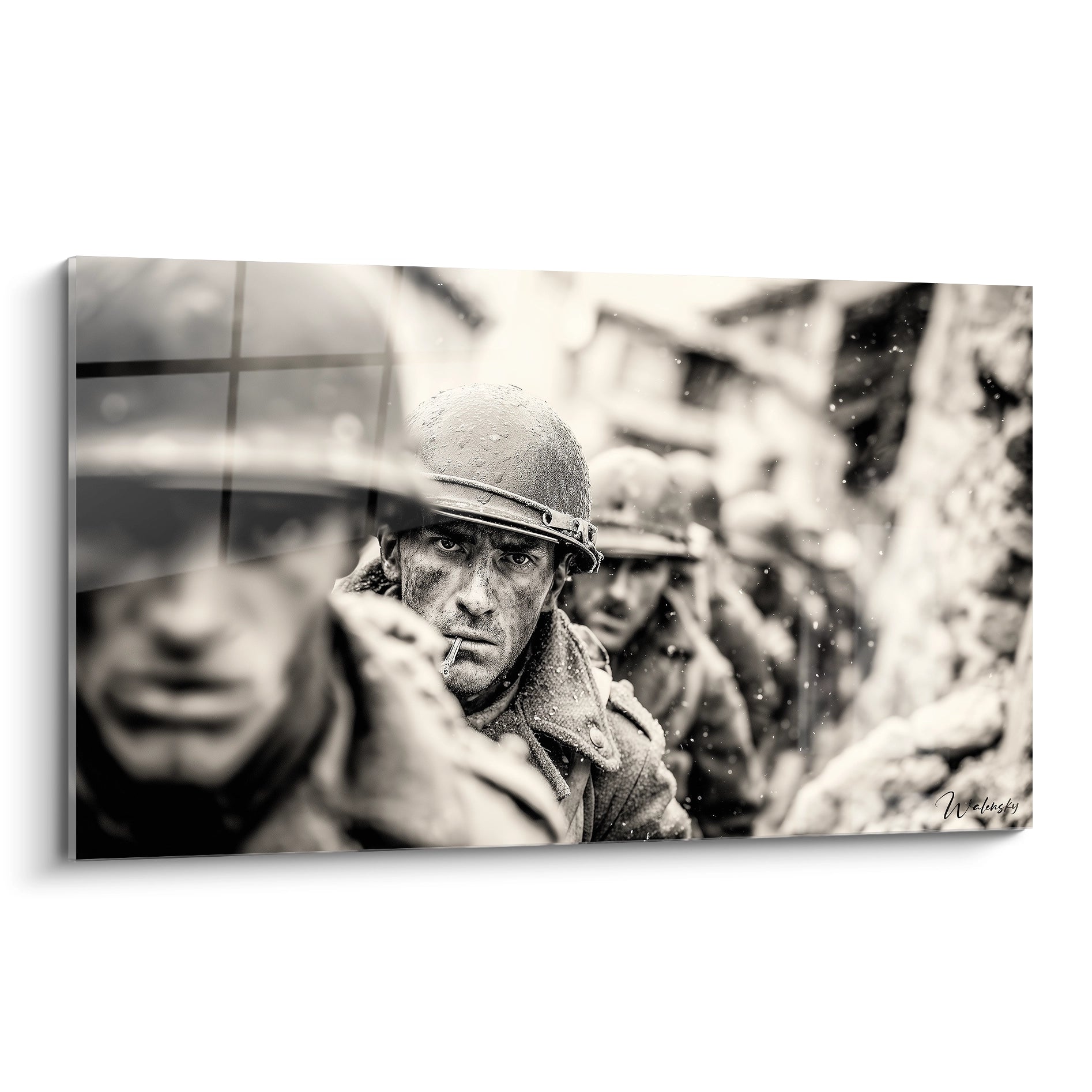 tableau Première Guerre mondiale Walensky, soldats en noir et blanc dans une tranchée, visage boueux et regard intense