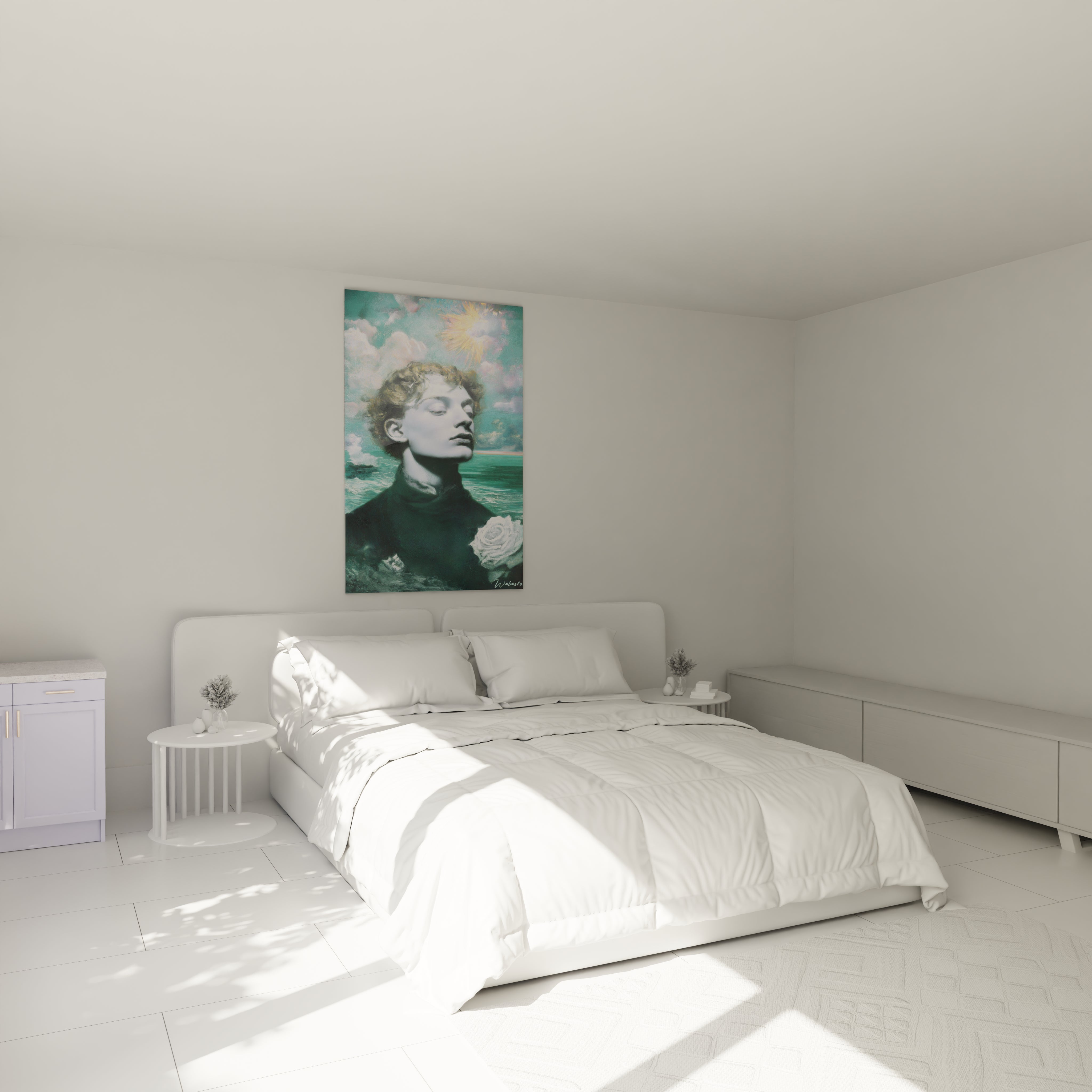 Tableau mural Walensky accroché au dessus d un lit blanc minimaliste montrant un tableau préraphaélite homme