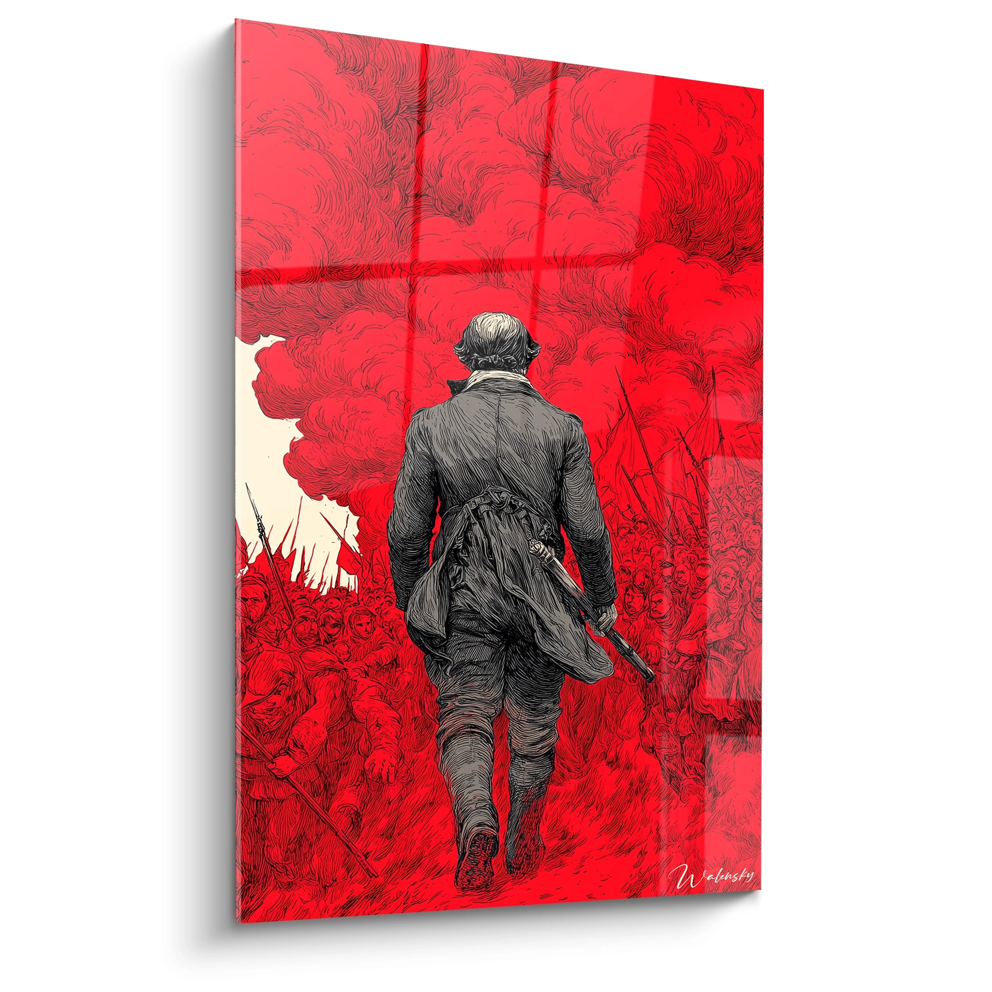 Walensky tableau montrant homme de dos marchant vers la foule sous nuages rouges tableau révolution française art mural dramatique