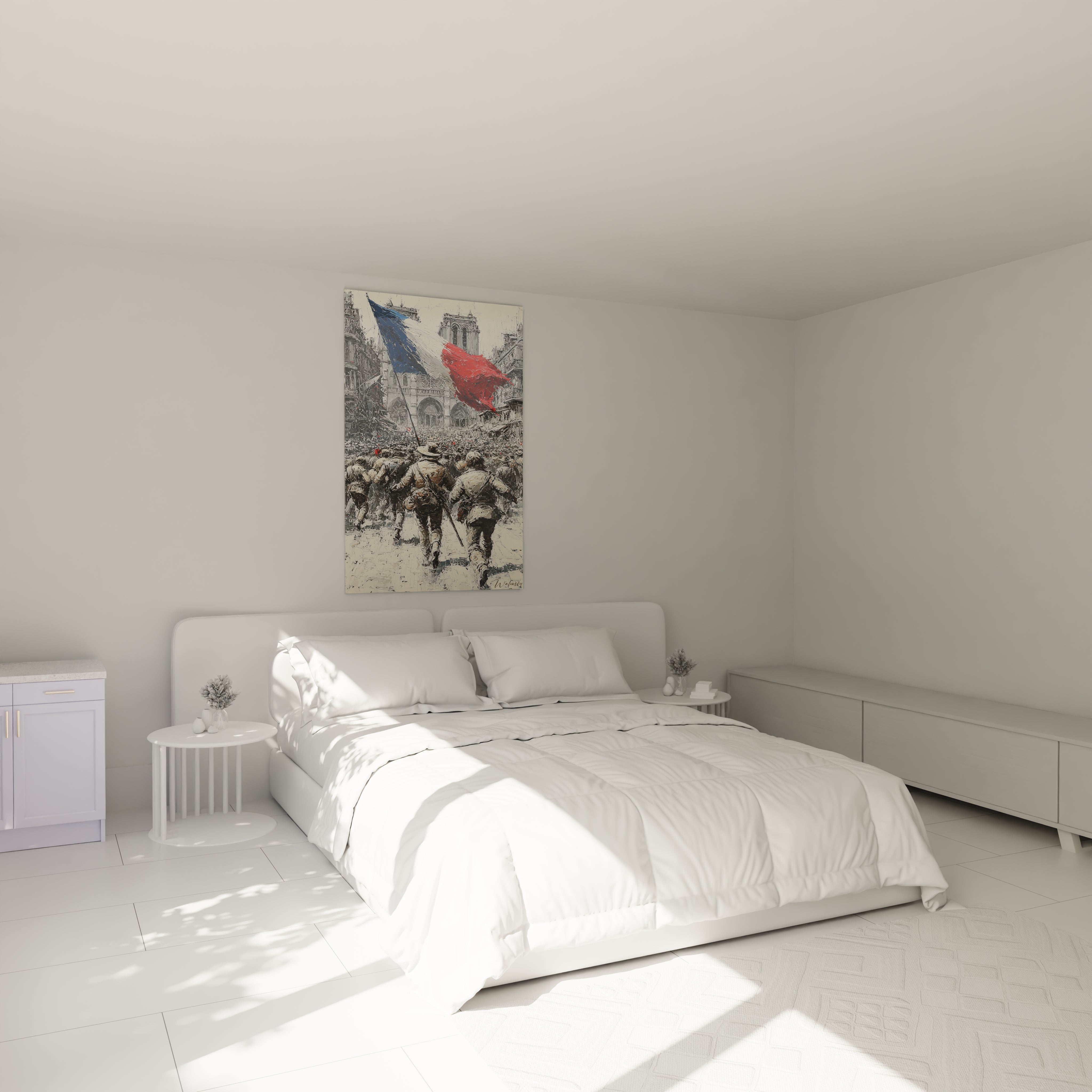 Walensky tableau révolution française vintage toile murale au dessus du lit dans une chambre minimaliste