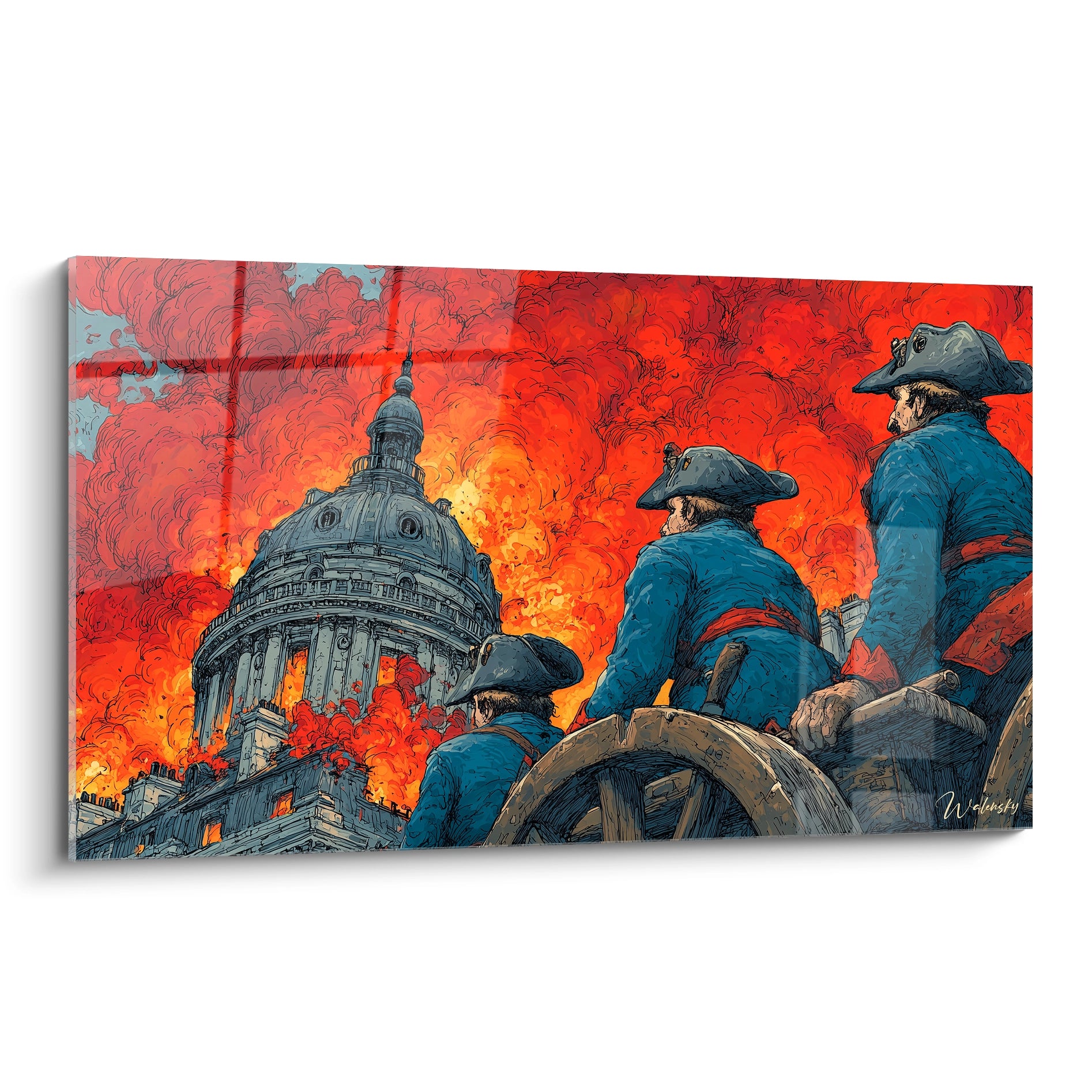 tableau révolution française mural Walensky montrant soldats en manteaux bleus face à un bâtiment en flammes