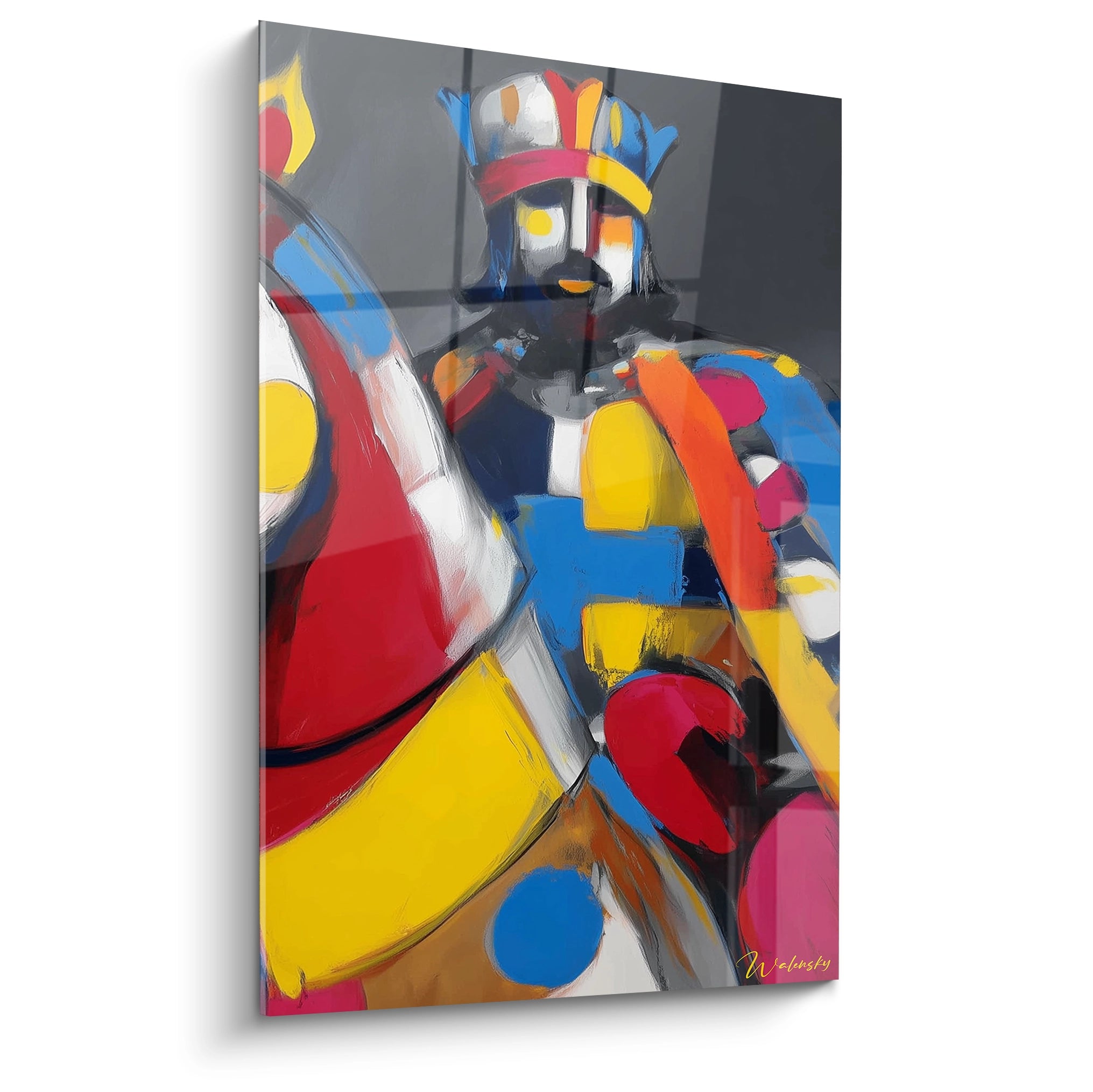 Tableau roi géométrique Walensky grand tableau mural coloré d un roi stylisé avec couronne et bouclier