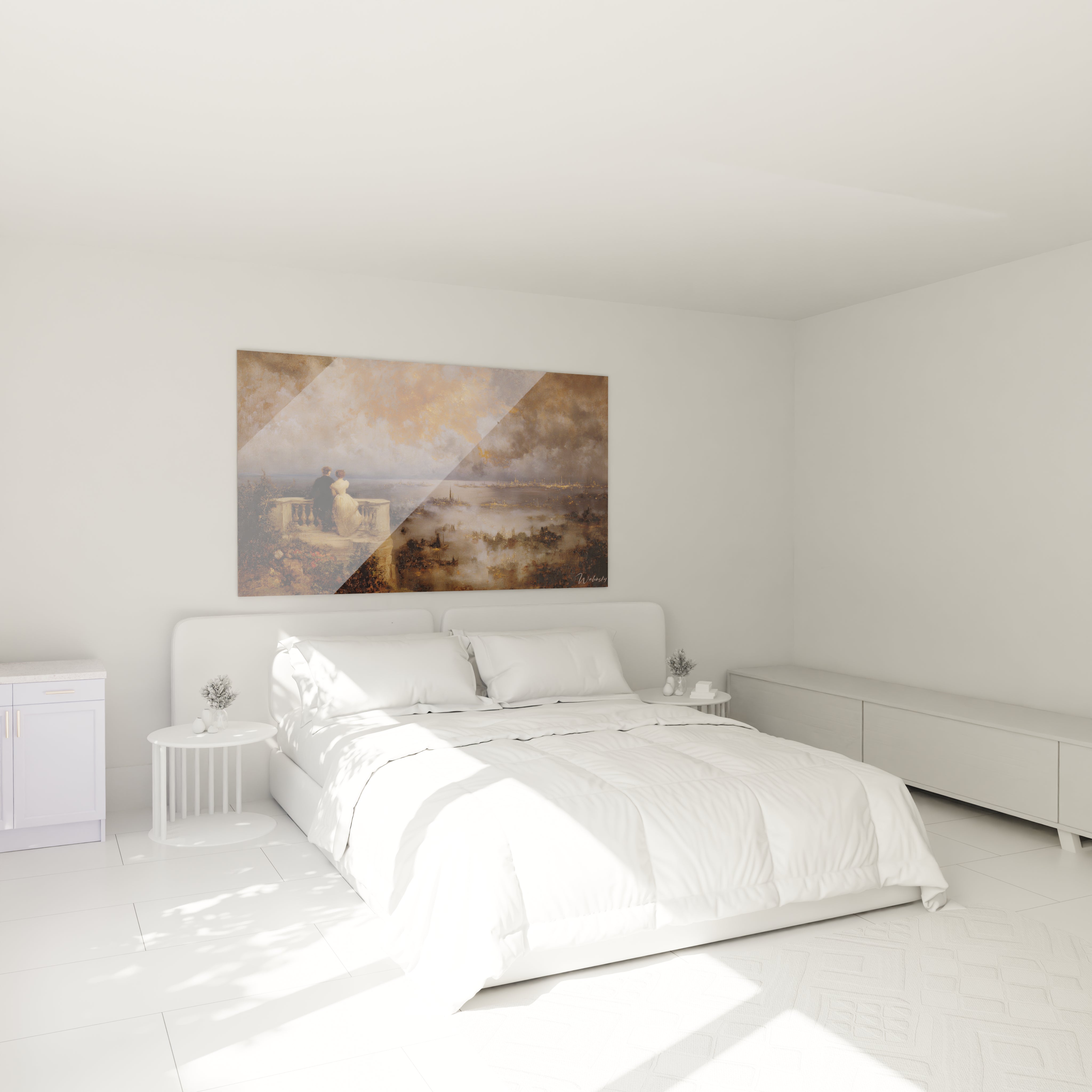 tableau romantique couple Walensky accroché au dessus d un lit blanc moderne dans une chambre lumineuse