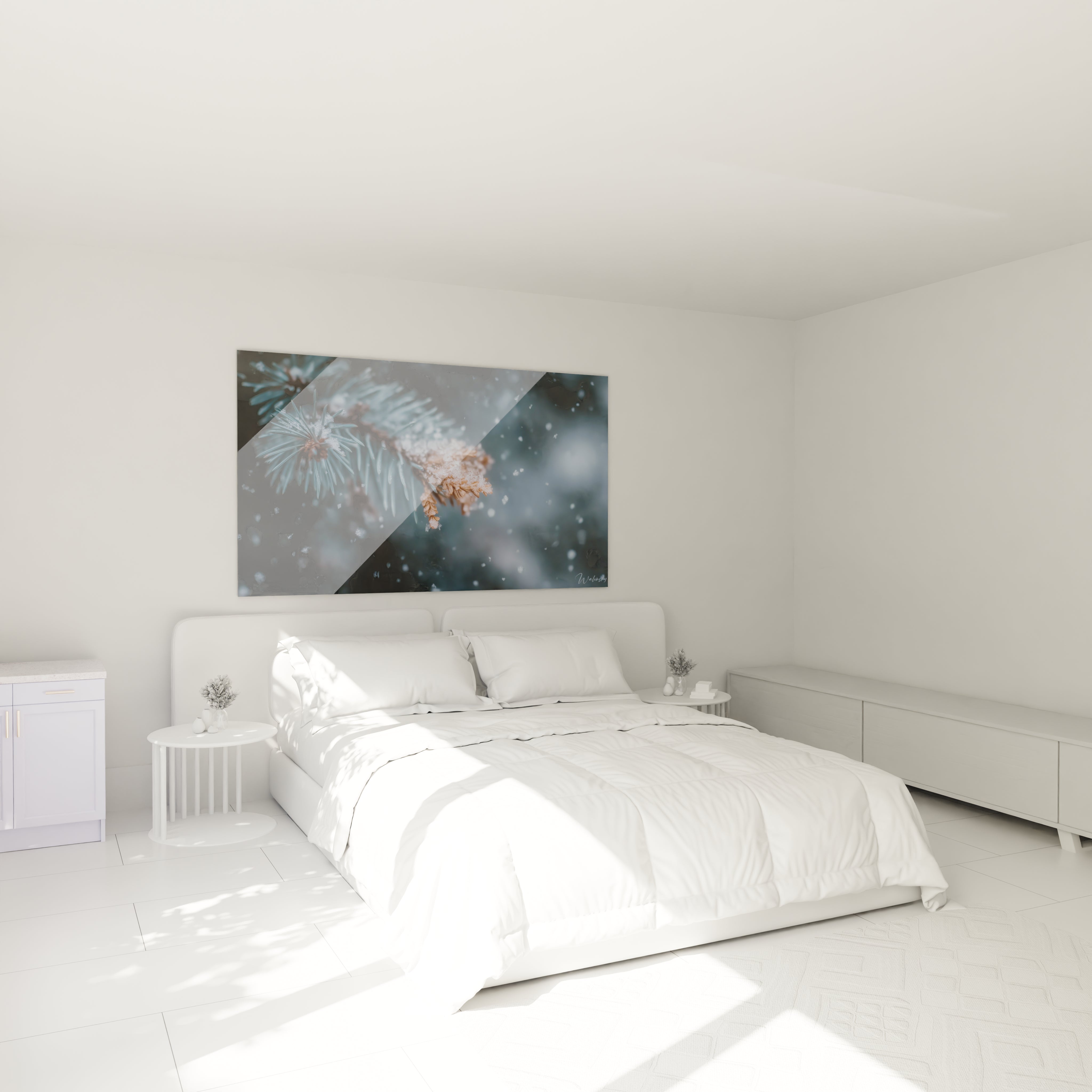 Tableau mural montrant branche de sapin gelée et neige au dessus d un lit minimaliste tableau sapin hivernal aiguille cristallisée