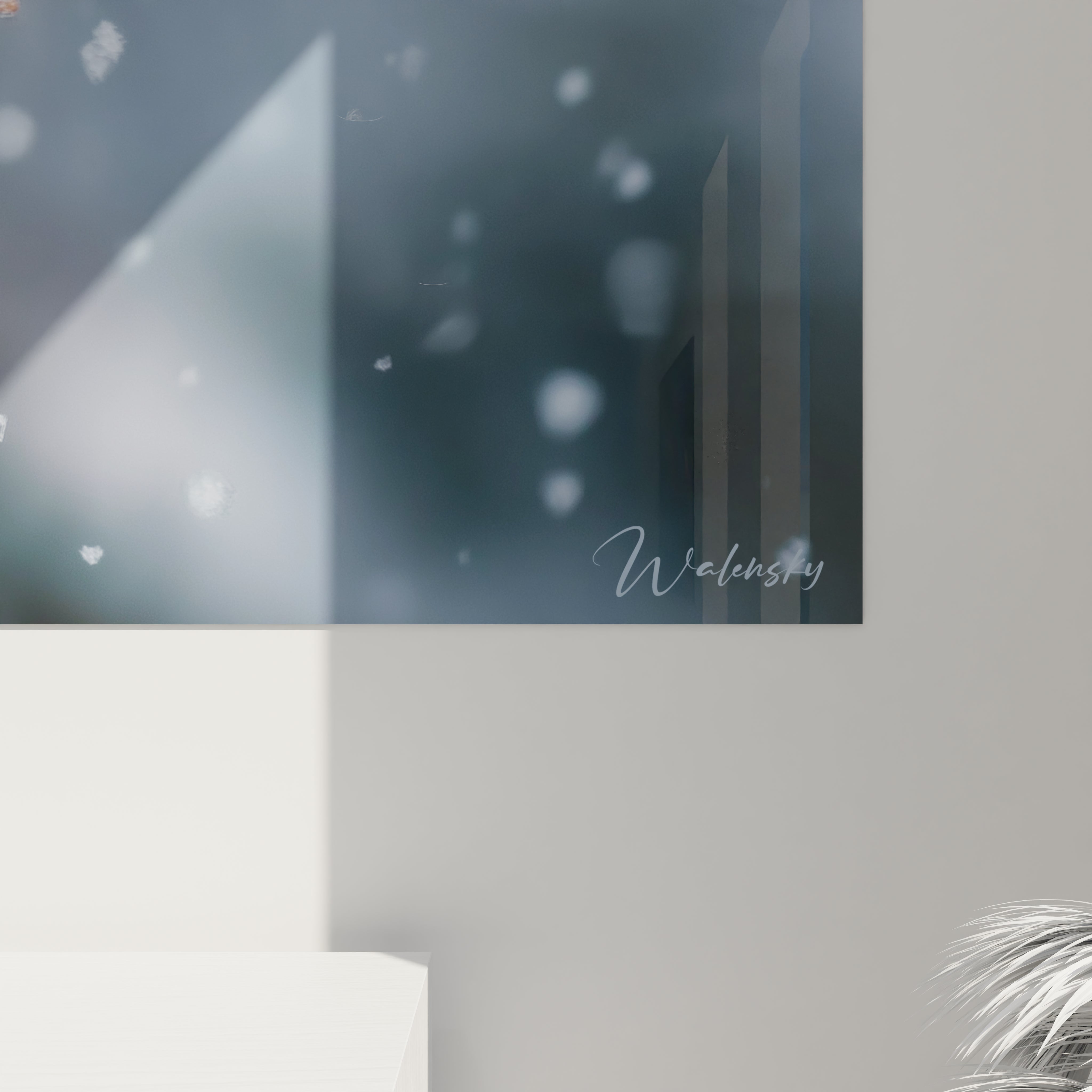 Tableau mural Walensky aux tons bleus et flou neigeux, reflets de lumière, tableau sapin hivernal aiguille cristallisée