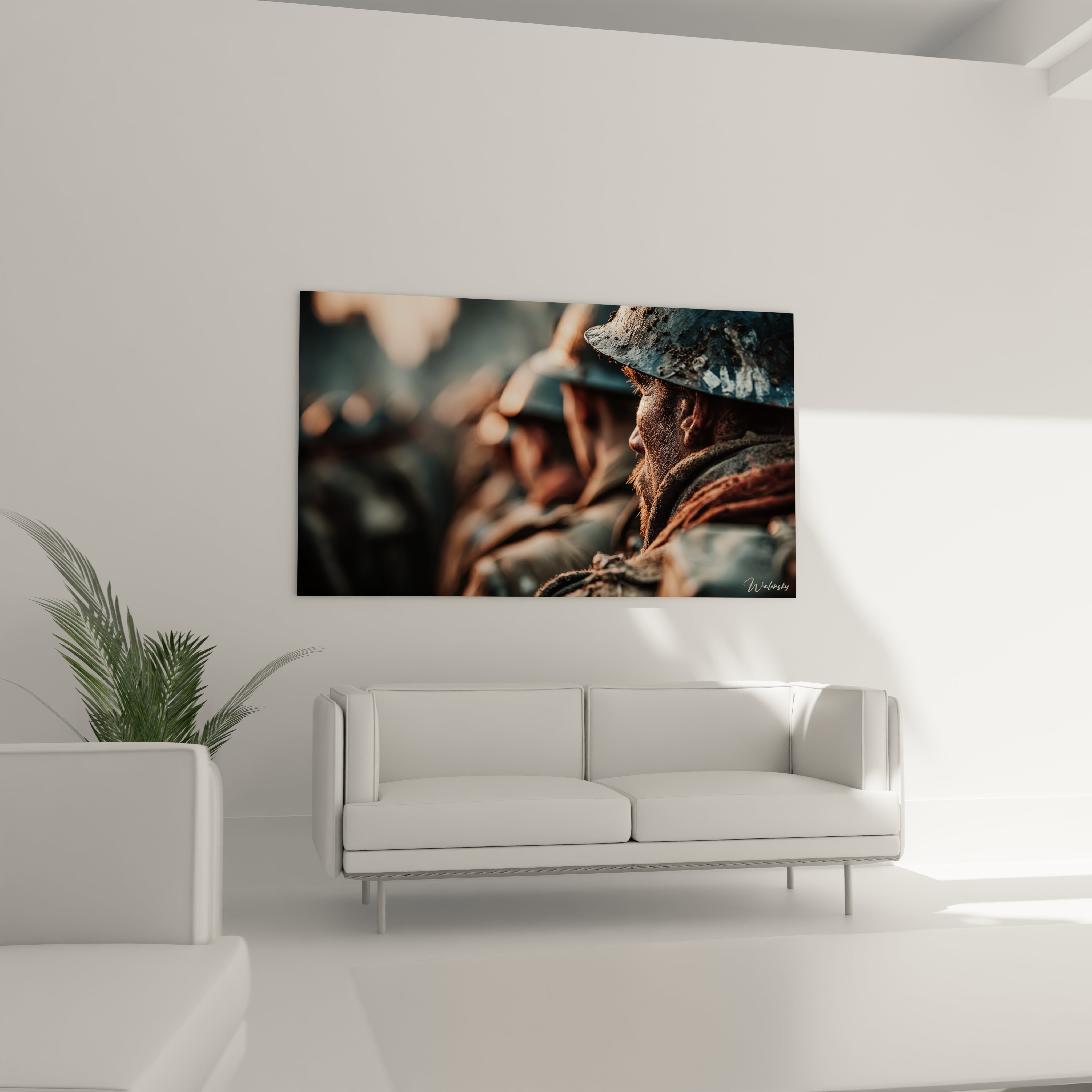 tableau soldat Première Guerre mondiale sur toile Walensky affiché au dessus d un canapé blanc moderne