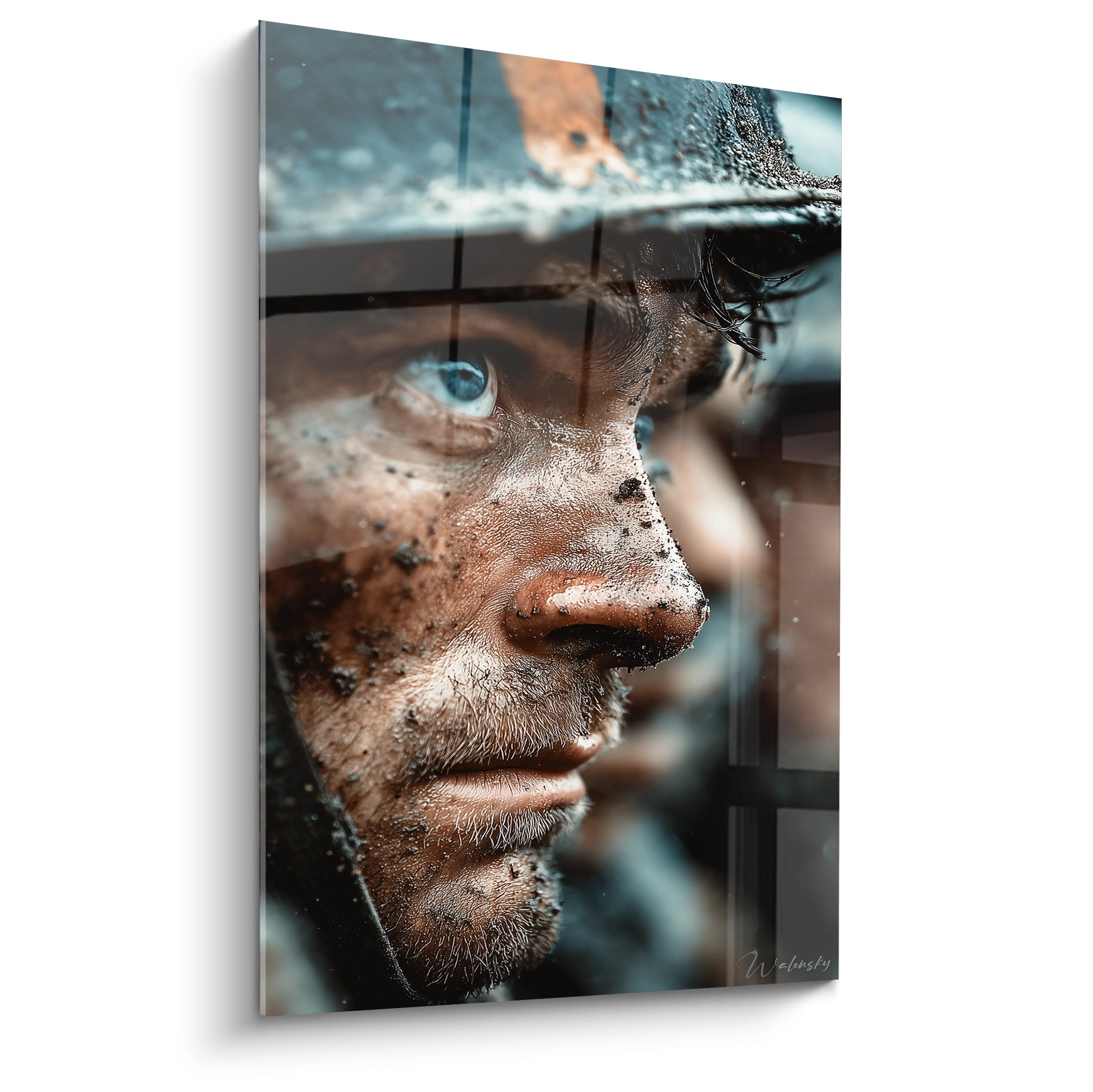 tableau soldat première guerre mondiale Walensky affichant un gros plan d un soldat boueux au casque et regard intense