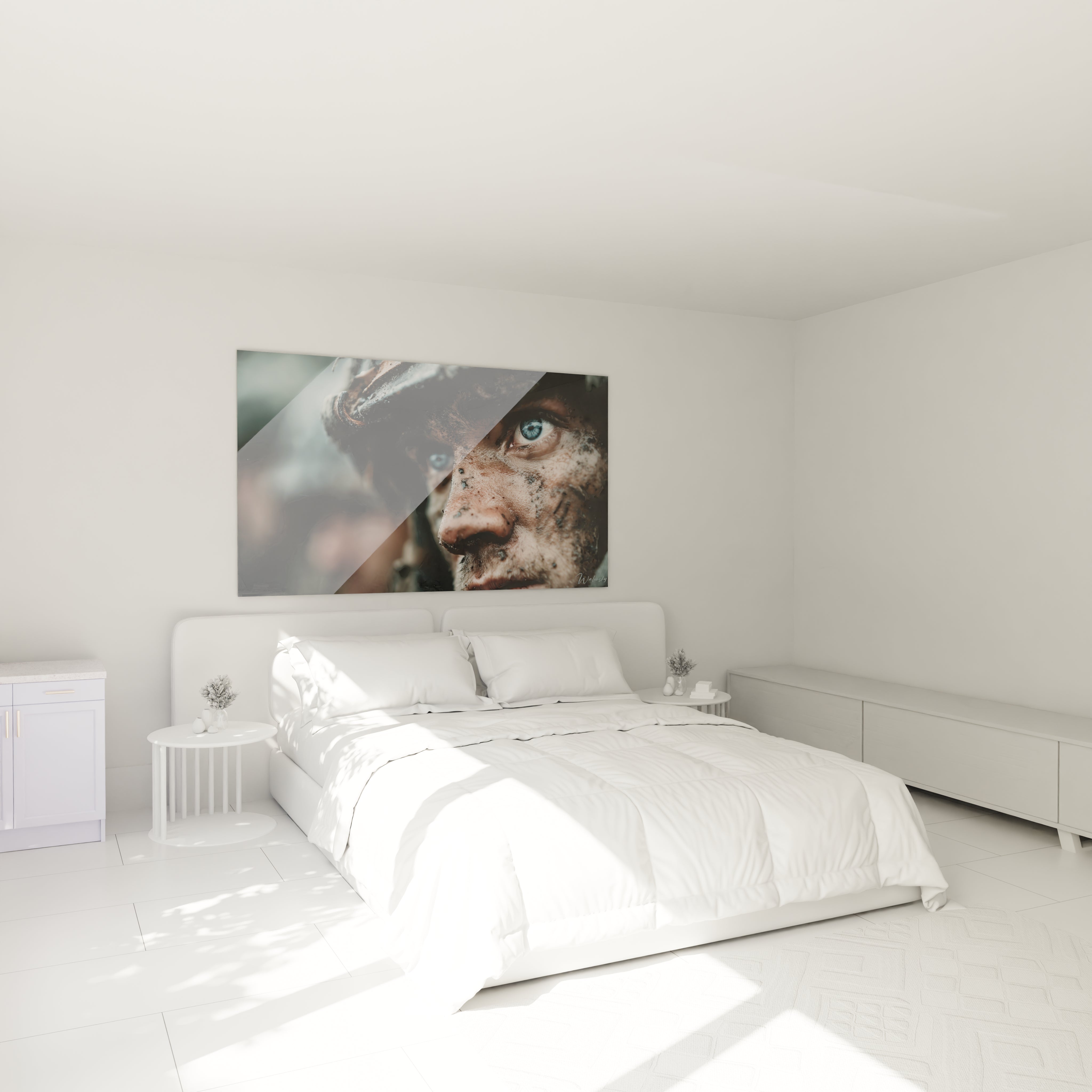 Tableau mural Walensky affichant un gros plan visage de soldat boueux tableau soldat Première Guerre mondiale au dessus du lit
