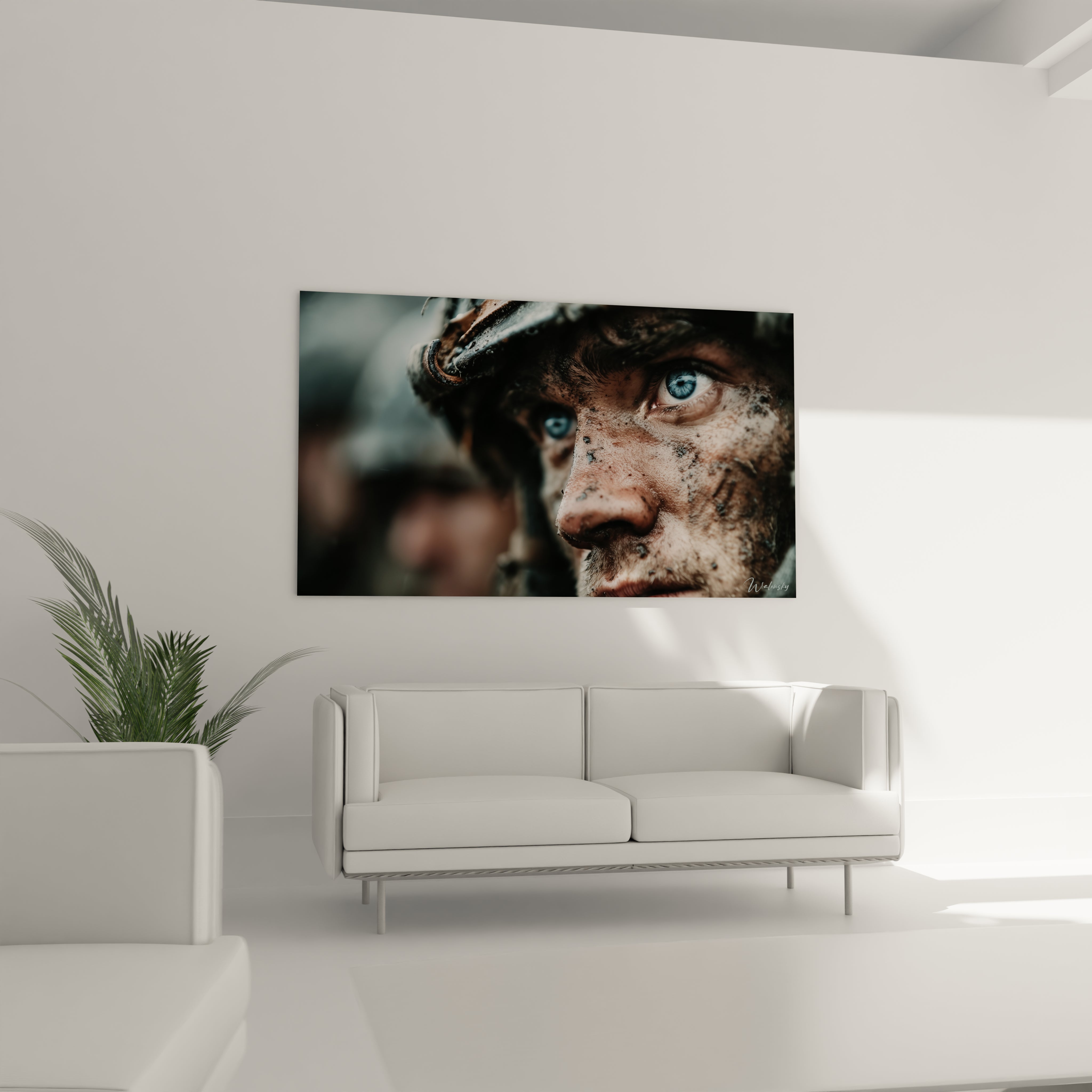 Tableau mural Walensky tableau soldat Première Guerre mondiale gros plan visage boue yeux bleus décor salon moderne