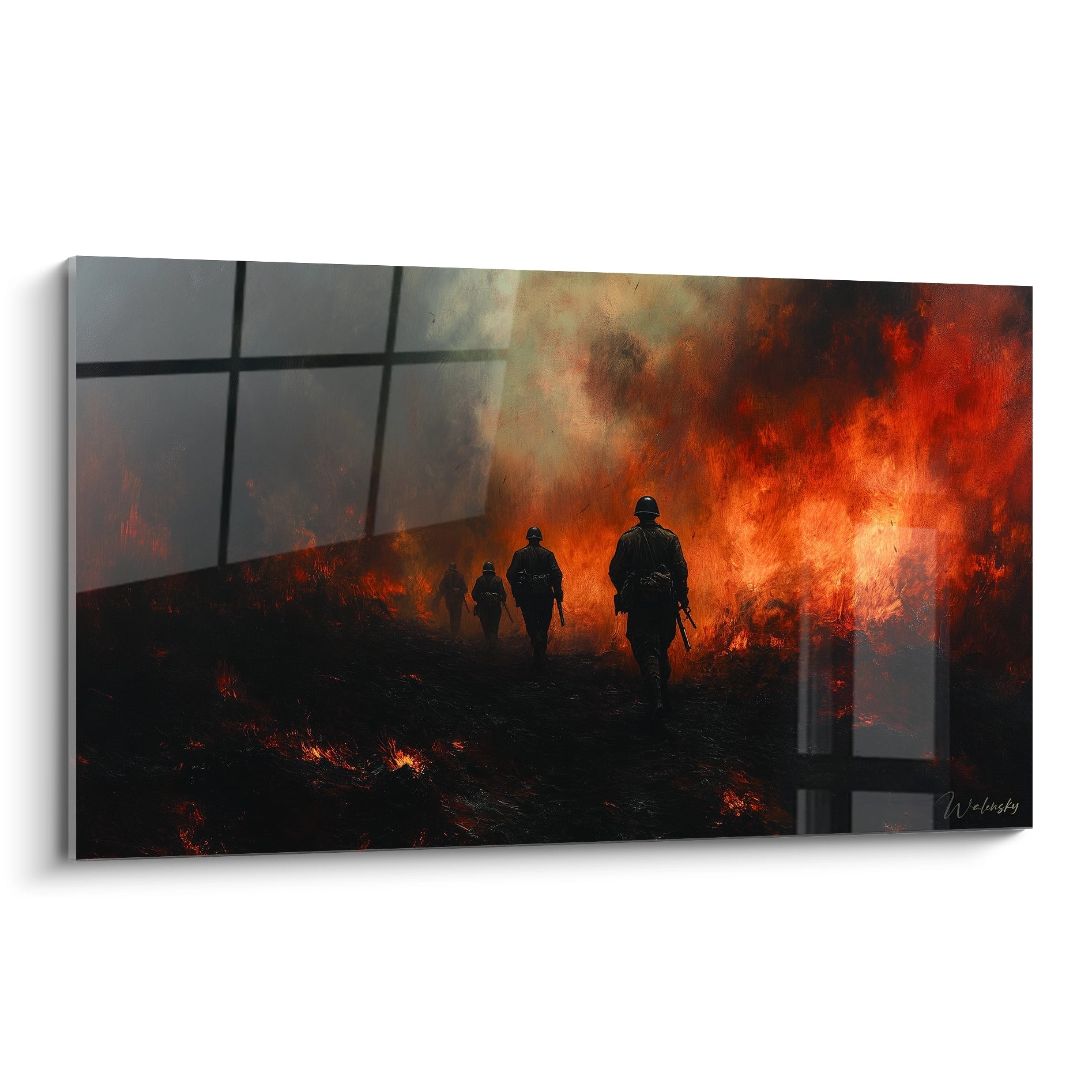 tableau soldats seconde guerre mondiale Walensky toile murale sombre silhouettes de soldats marchant dans les flammes