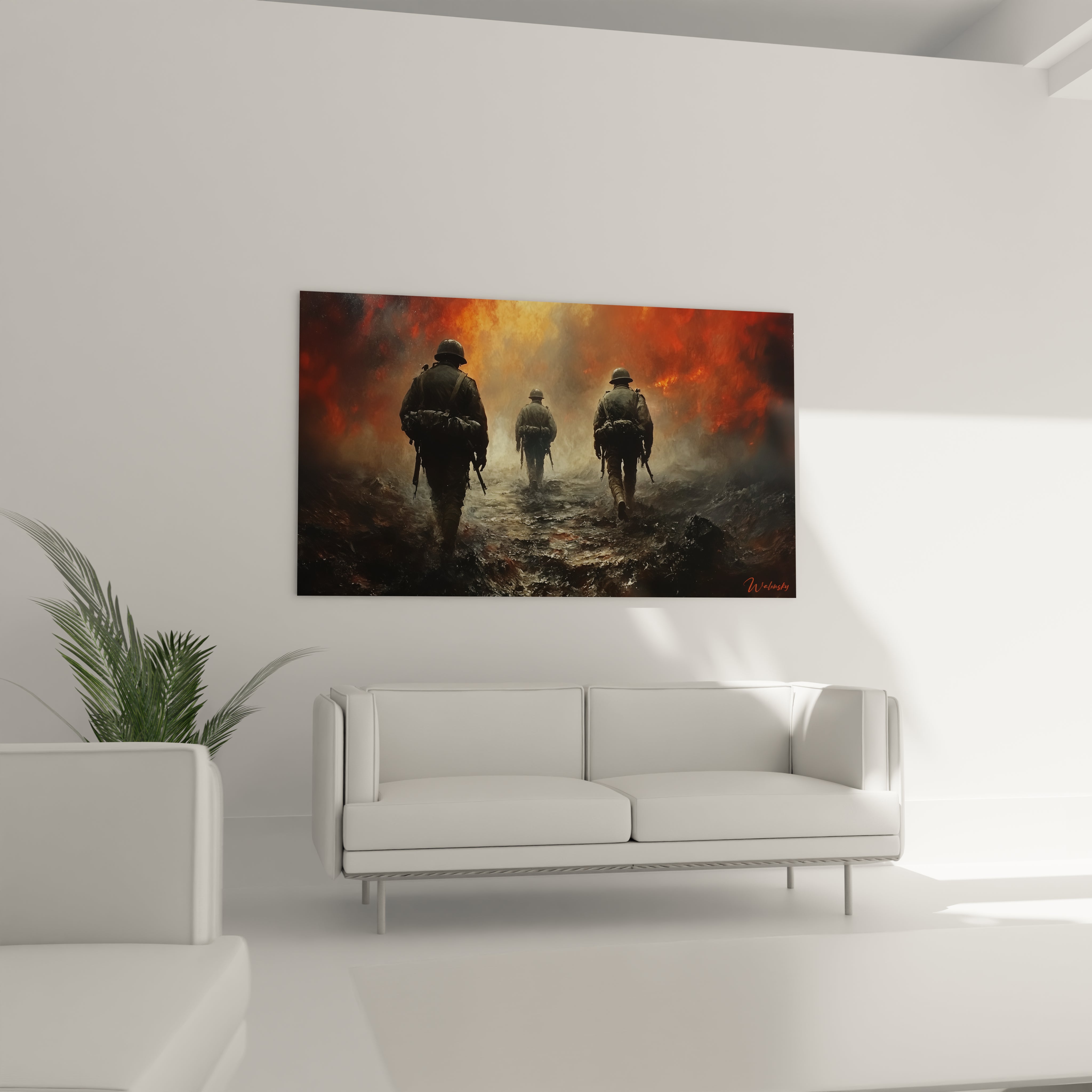 Tableau mural Walensky montrant trois soldats marchant sur un champ de bataille en flammes tableau soldats seconde guerre mondiale