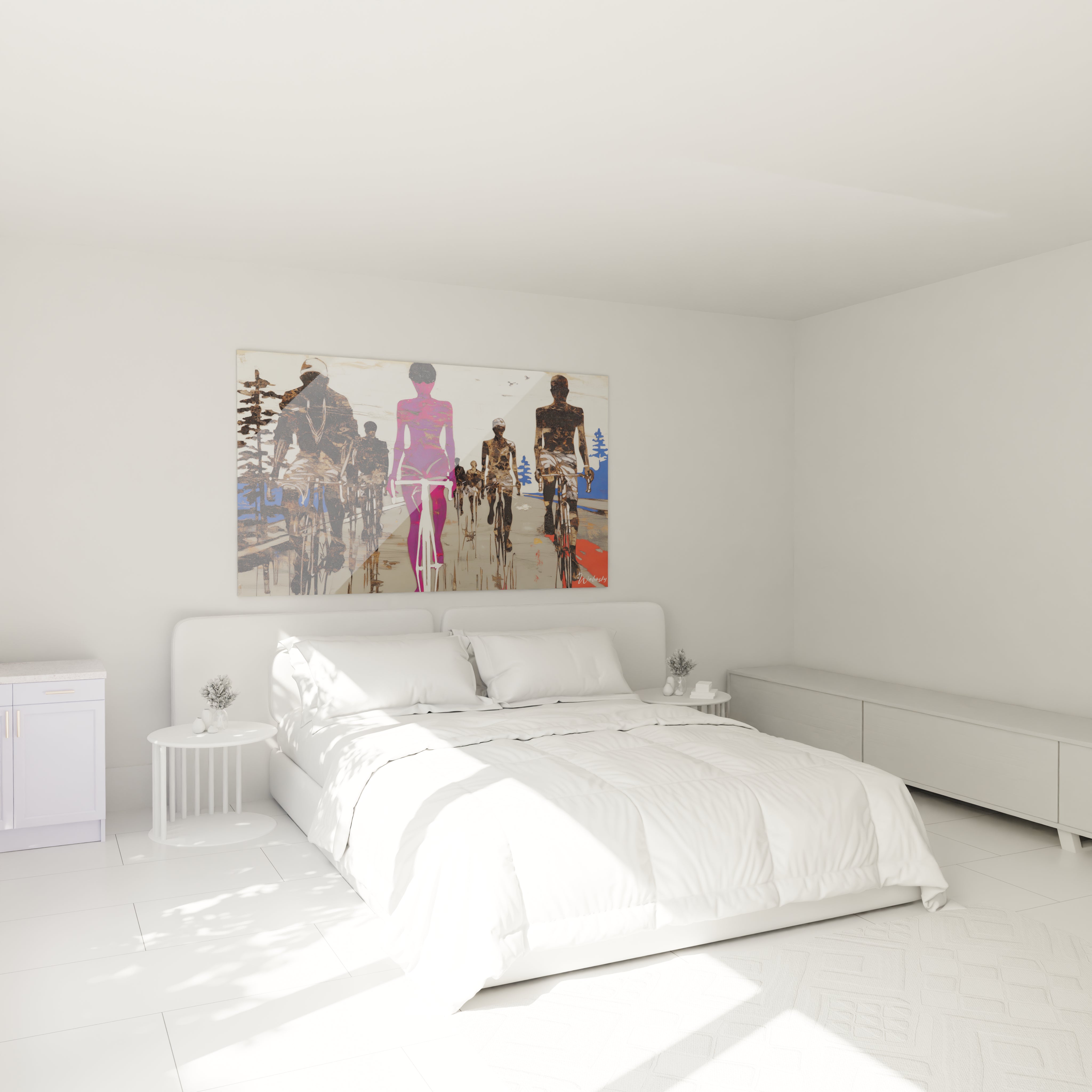 tableau squelettes édition vanité Walensky accroché au dessus d un lit blanc minimaliste