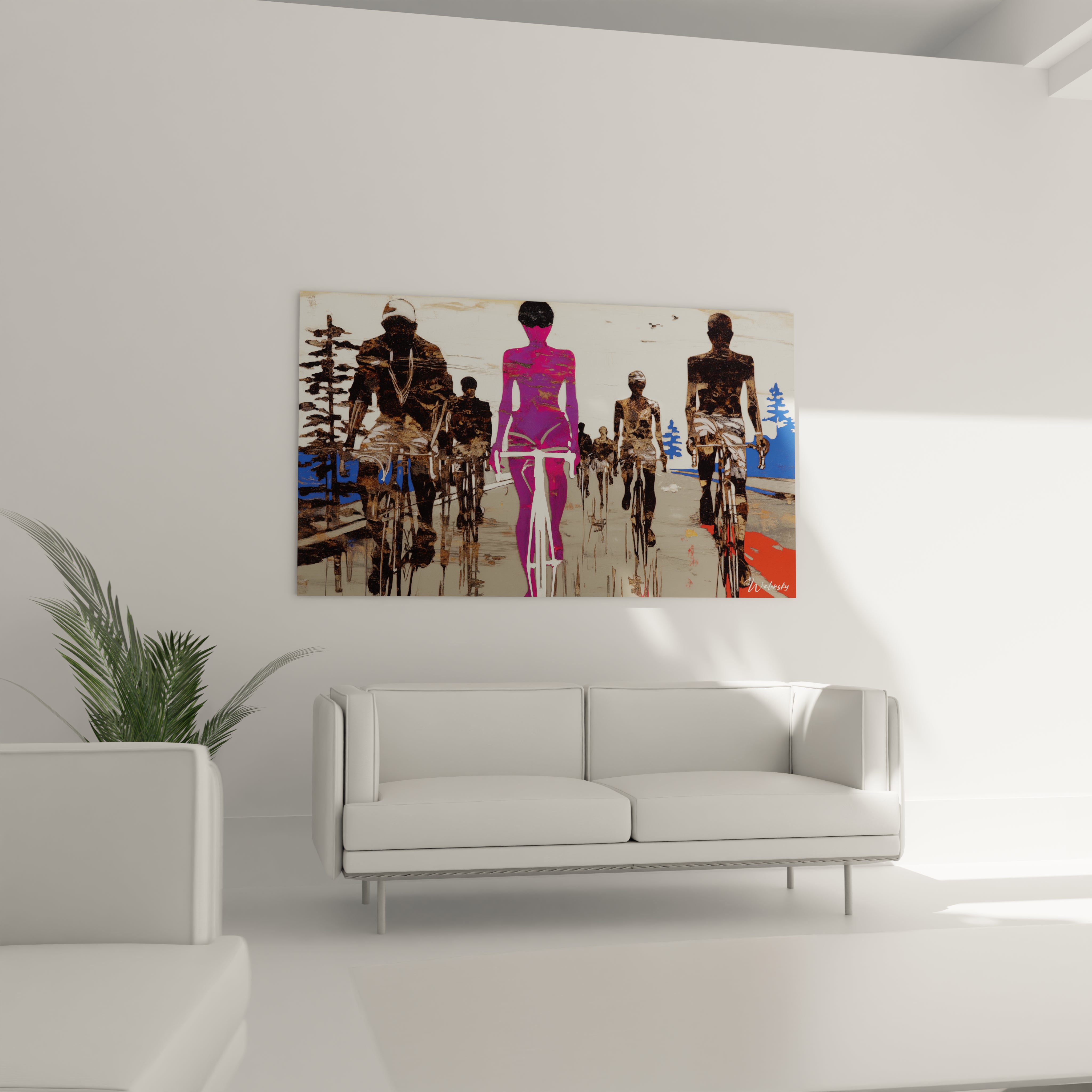 Tableau mural Walensky montrant cyclistes squelettes colorés et silhouette rose, tableau squelettes édition vanité pour salon