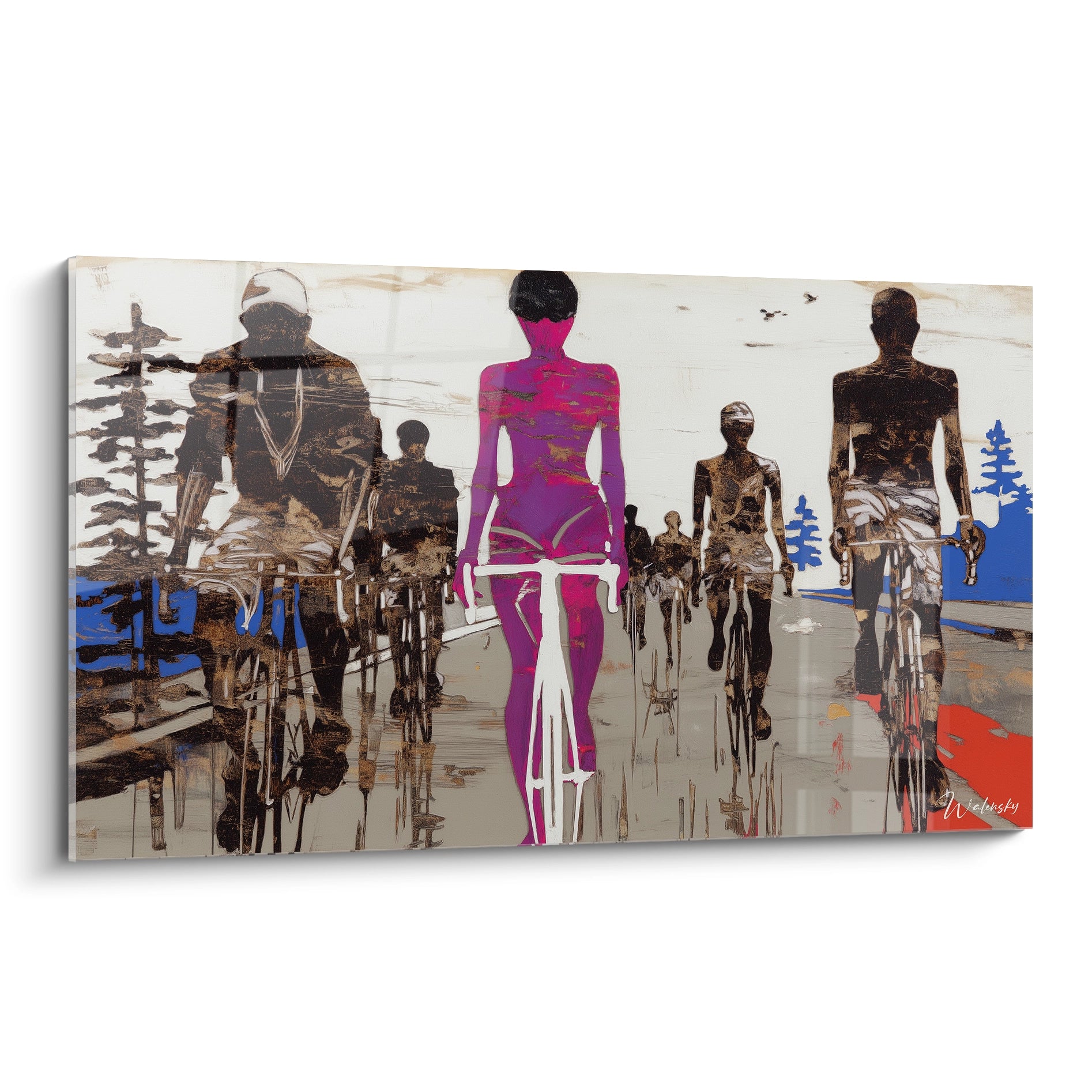 Tableau mural Walensky représentant cyclistes squelettes stylisés avec figure centrale rose, tableau squelettes édition vanité