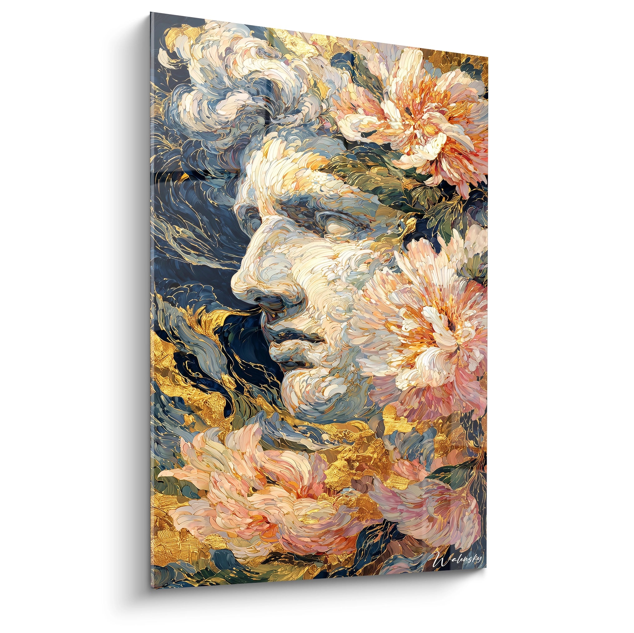 tableau statue baroque Walensky visage de statue classique entouré de fleurs et touches de dorure