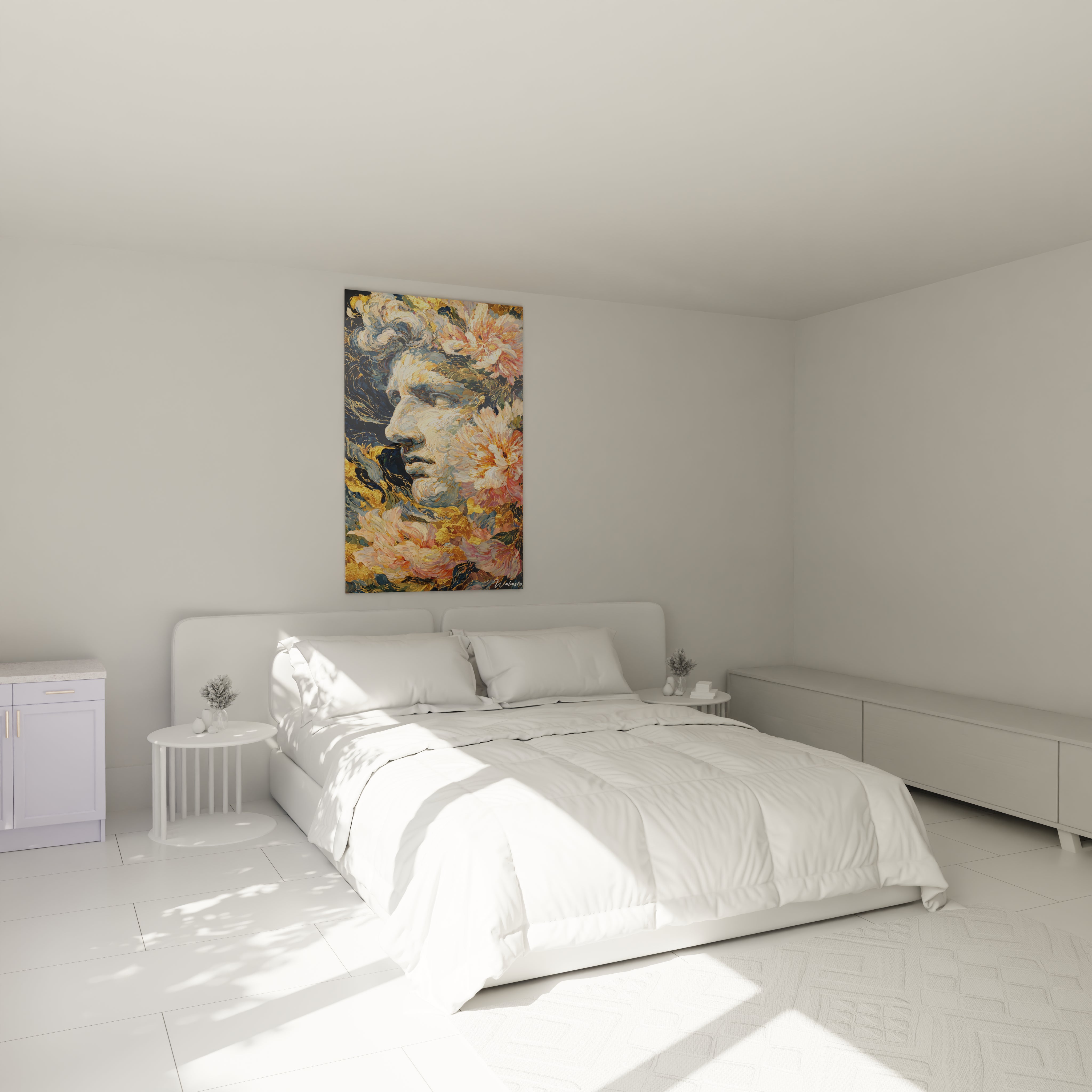 tableau statue baroque représentant un visage de sculpture classique entouré de fleurs dans une chambre minimaliste blanche