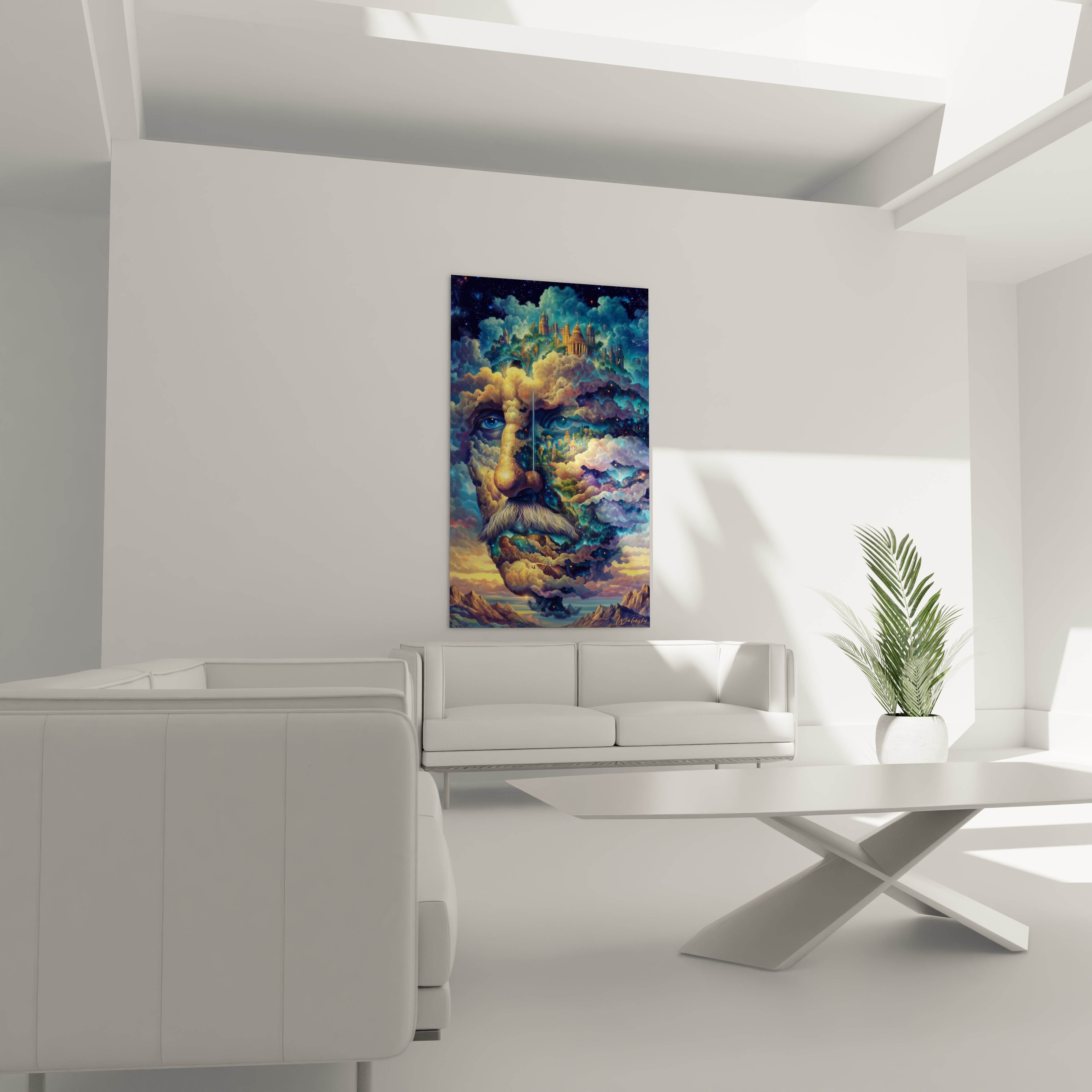 tableau surréaliste galaxie Walensky représentant un visage céleste coloré sur toile murale dans salon blanc minimaliste