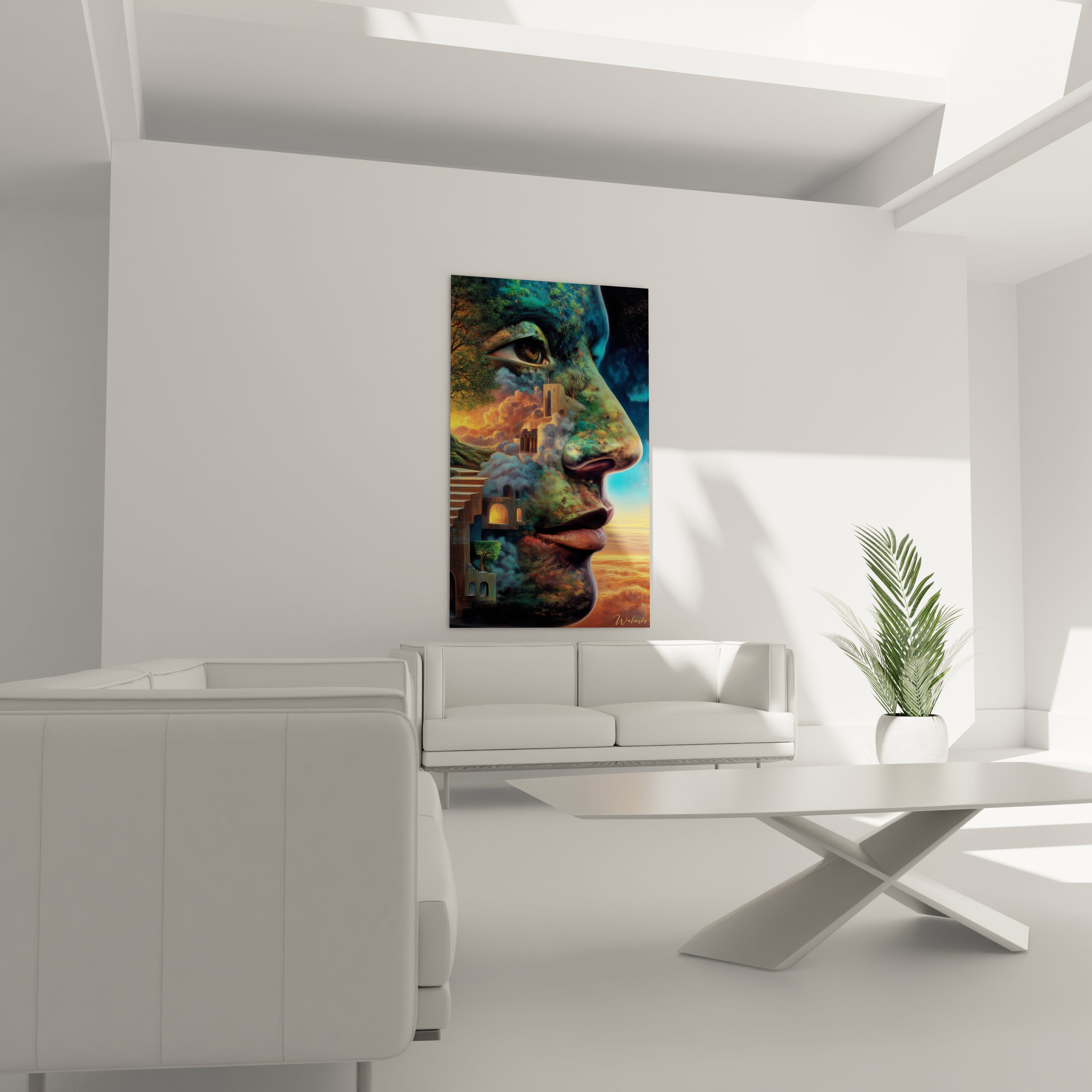 Tableau mural Walensky tableau surréaliste visage architectural coloré en profil accroché au-dessus d un canapé dans un salon moderne
