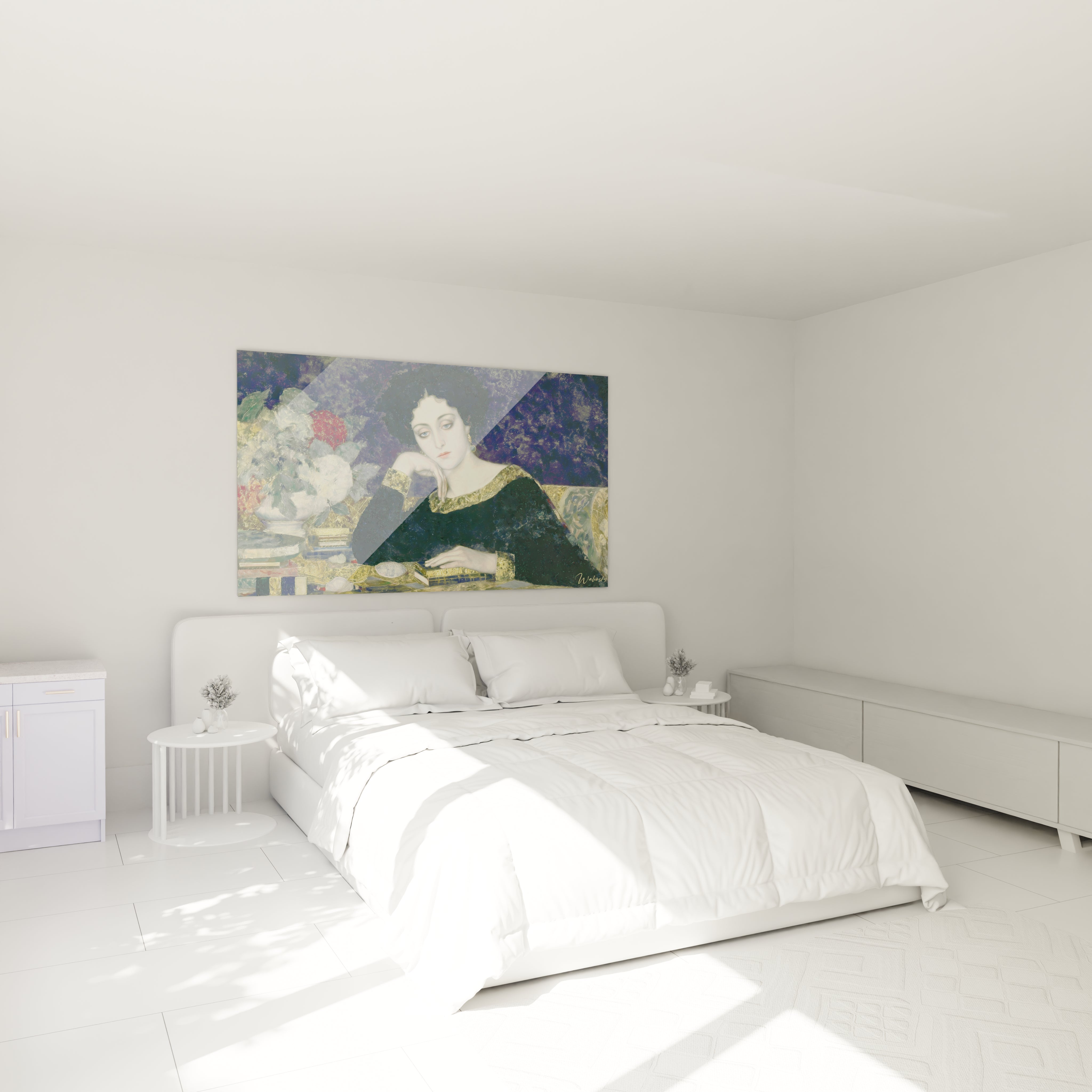 Tableau mural Walensky au dessus d un lit blanc minimaliste portrait feminin colore et decoratif tableau symboliste femme