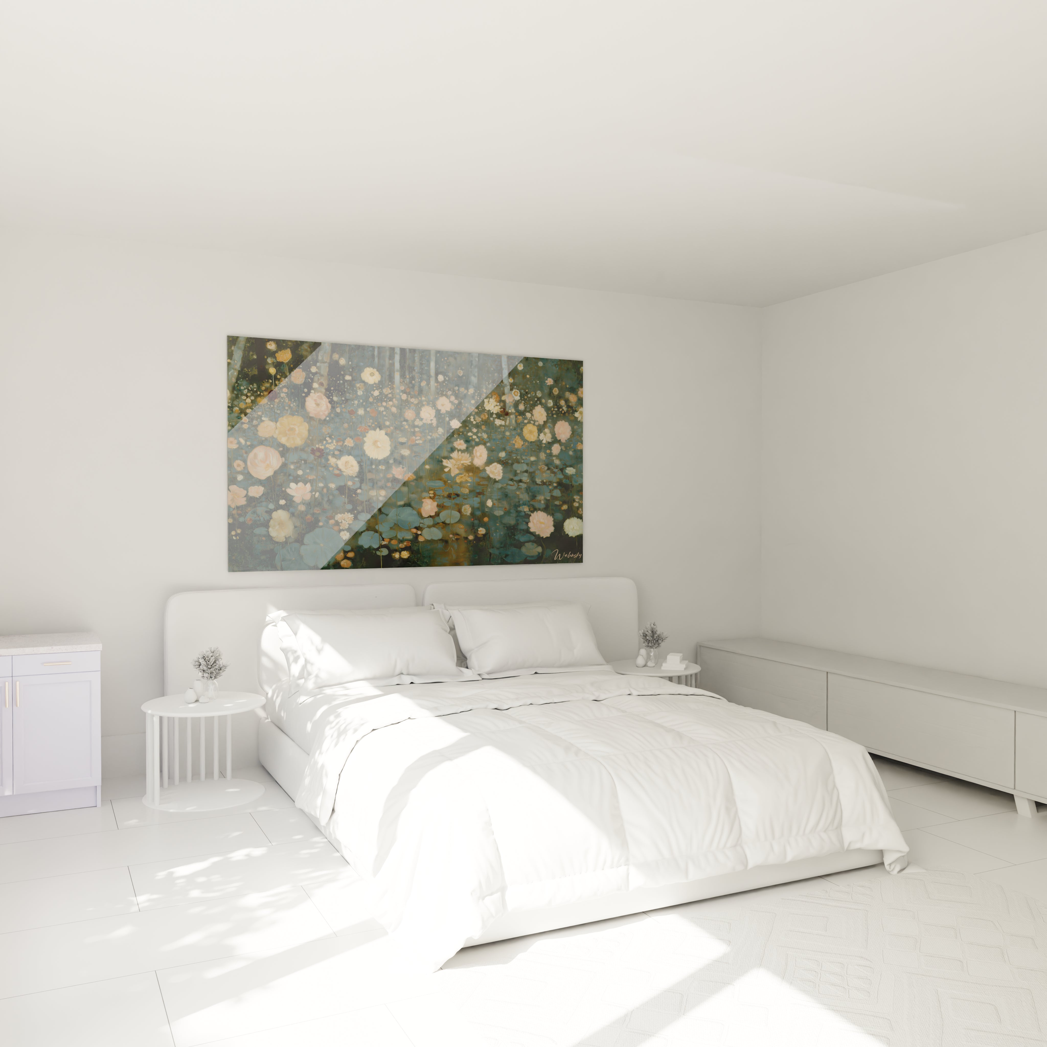 tableau symboliste jardin aquatique de Walensky accroché au dessus du lit blanc dans une chambre minimaliste et lumineuse