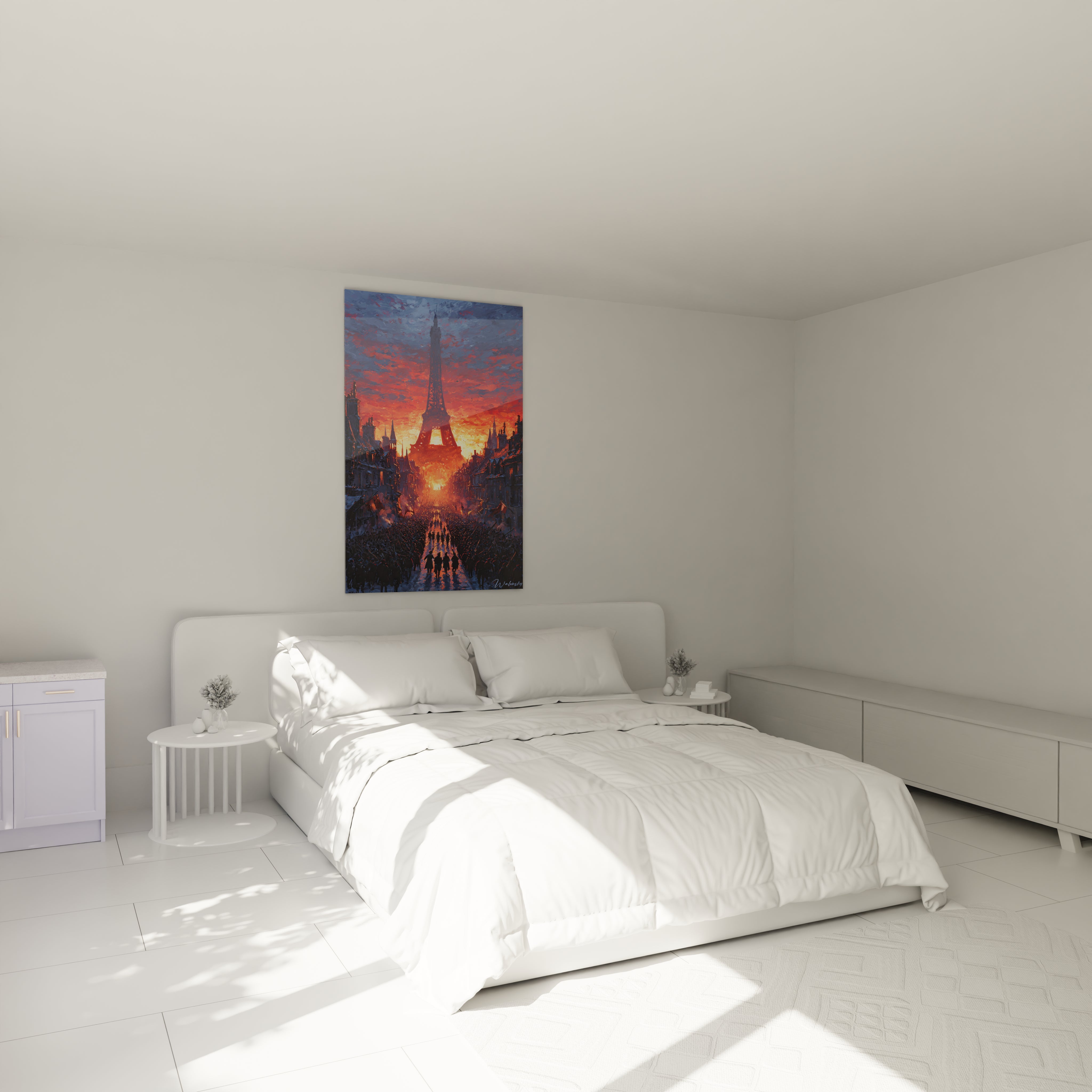Walensky tableau Tour Eiffel révolution française affiché au dessus d un lit blanc minimaliste
