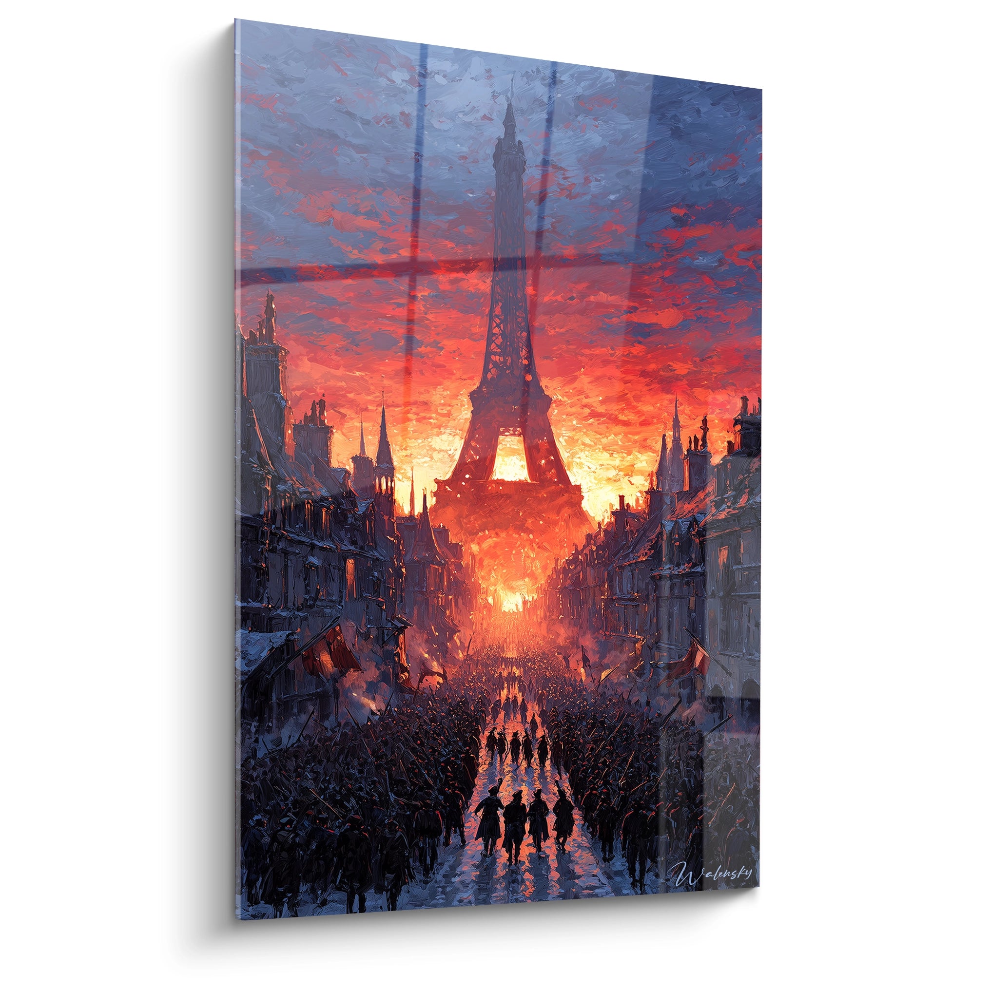 tableau Tour Eiffel révolution française par Walensky peinture murale dramatique coucher de soleil foule en marche