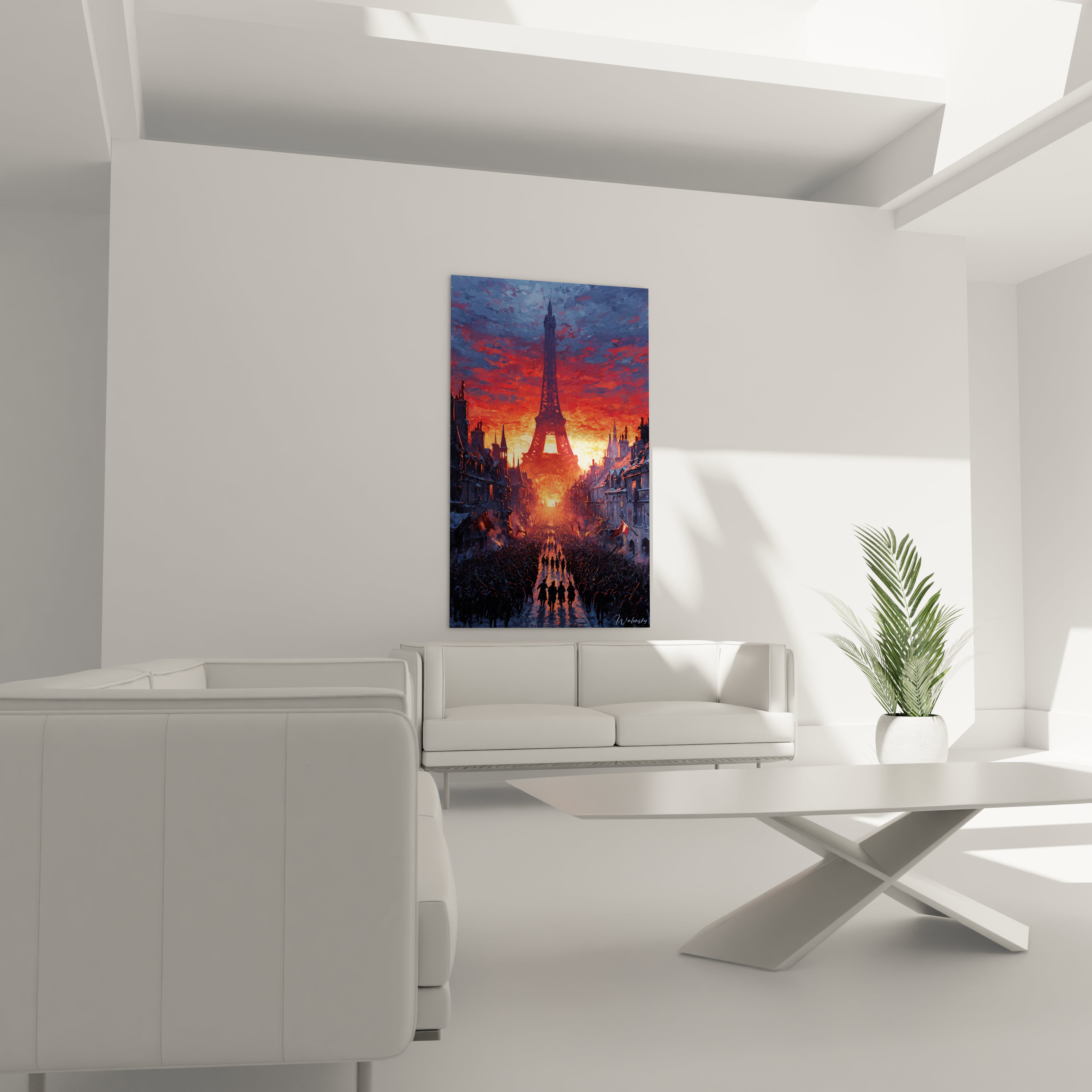 Walensky tableau mural tableau Tour Eiffel révolution française au coucher de soleil ambiance dramatique dans salon minimaliste