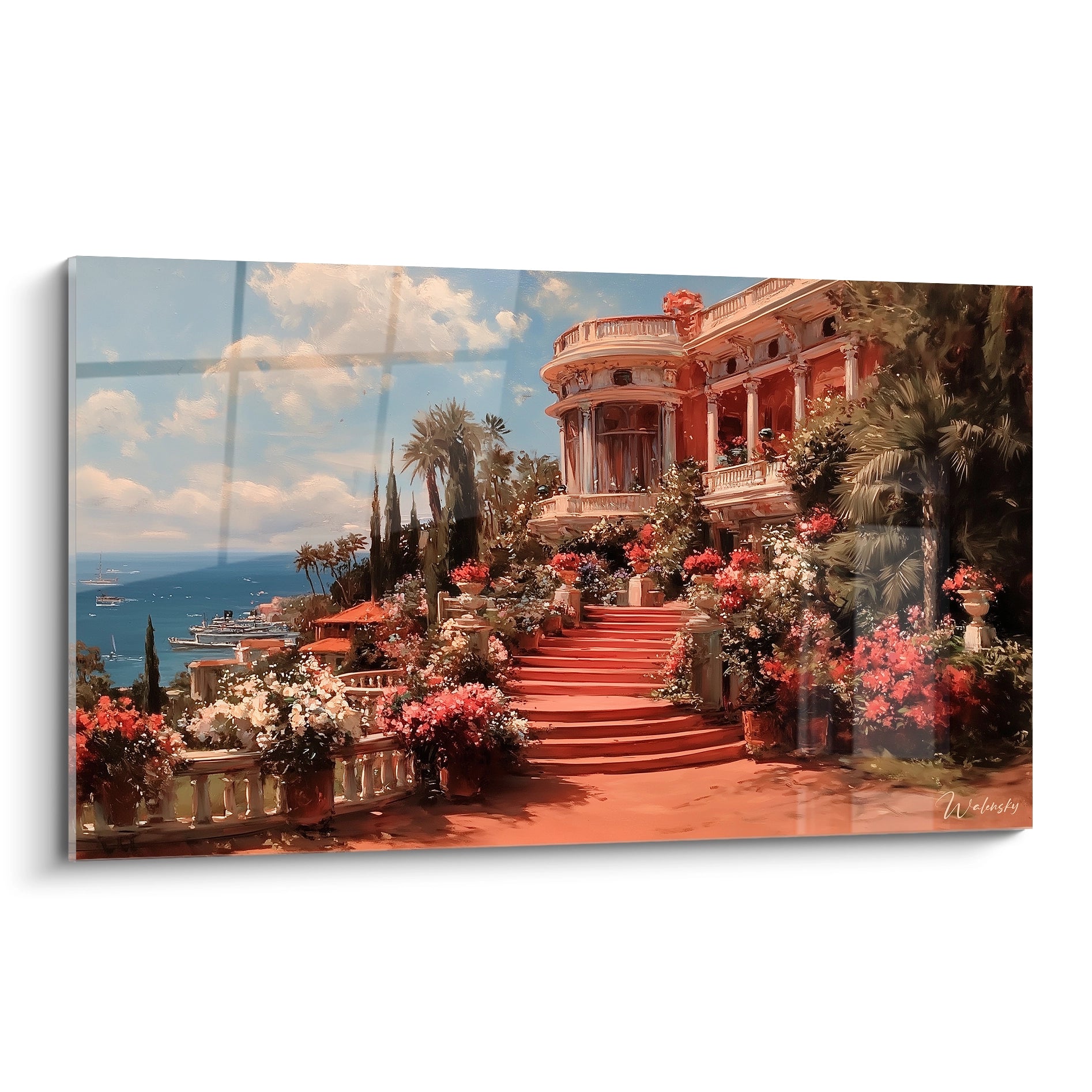 tableau villa roses écarlates Walensky peinture murale d'une villa méditerranéenne avec escalier et vue mer