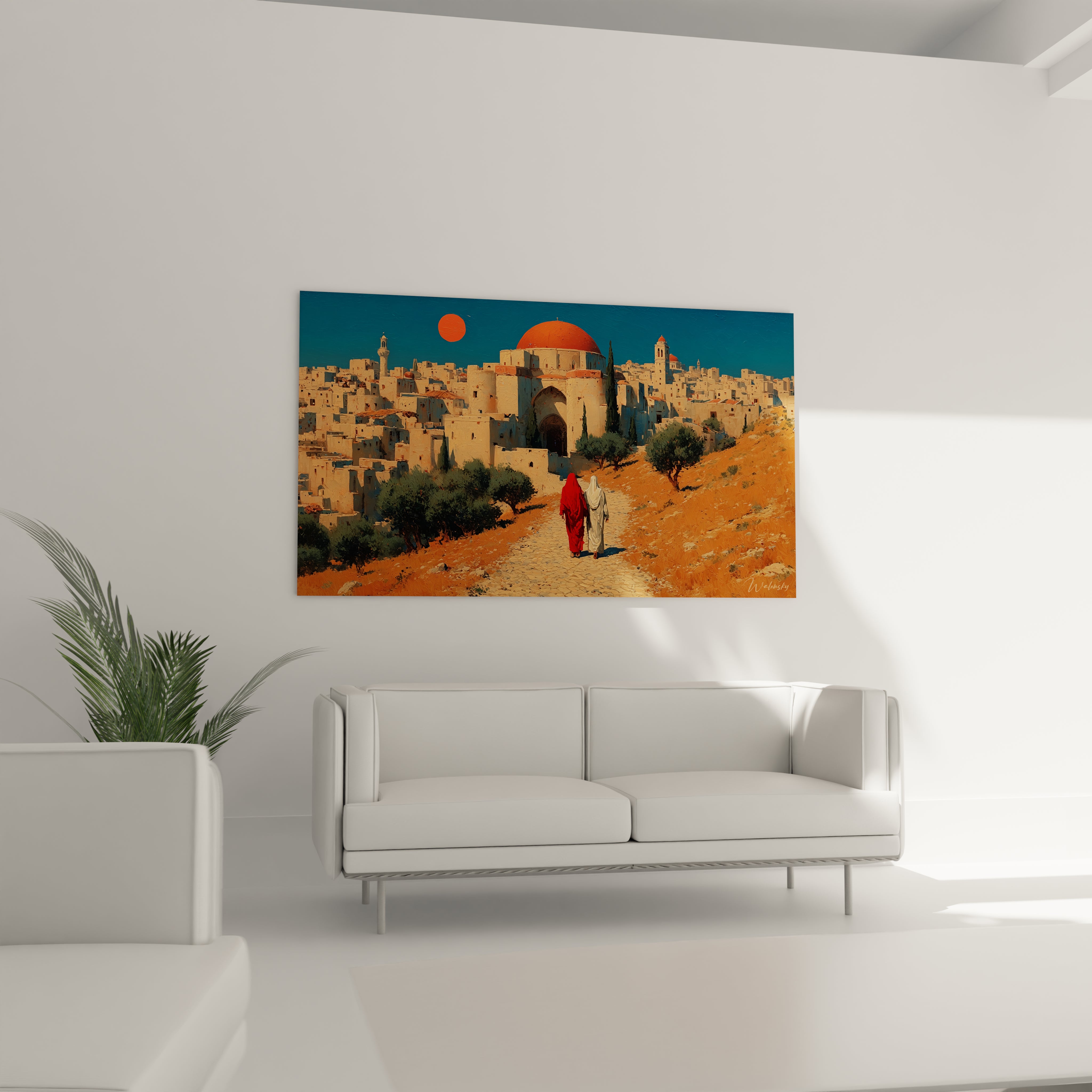 tableau ville orientale Walensky représentant une cité au dôme rouge chemin sablonneux et personnage en tunique rouge