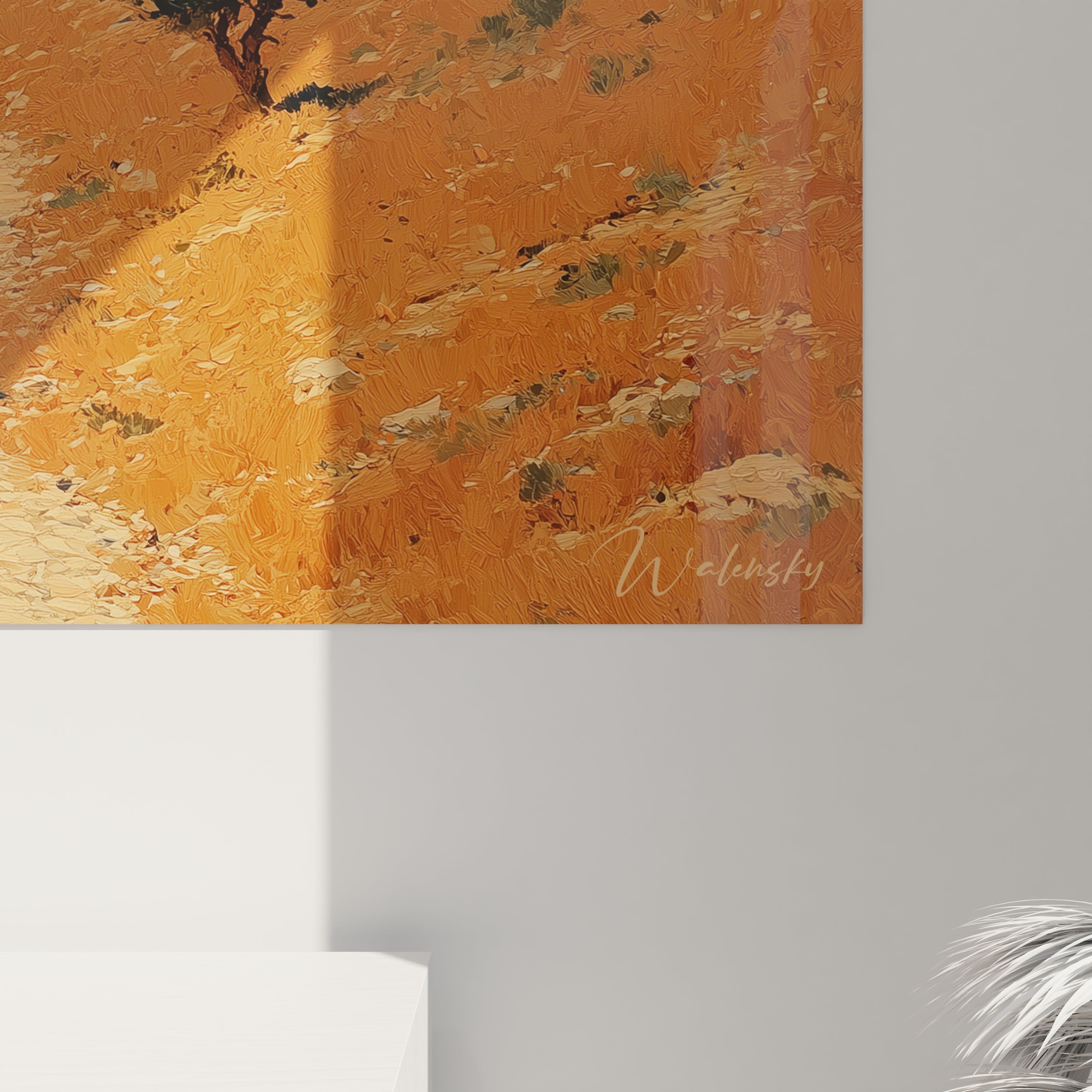 Tableau mural Walensky orange texturé signé, détail d'une scène urbaine chaude, tableau ville orientale en intérieur