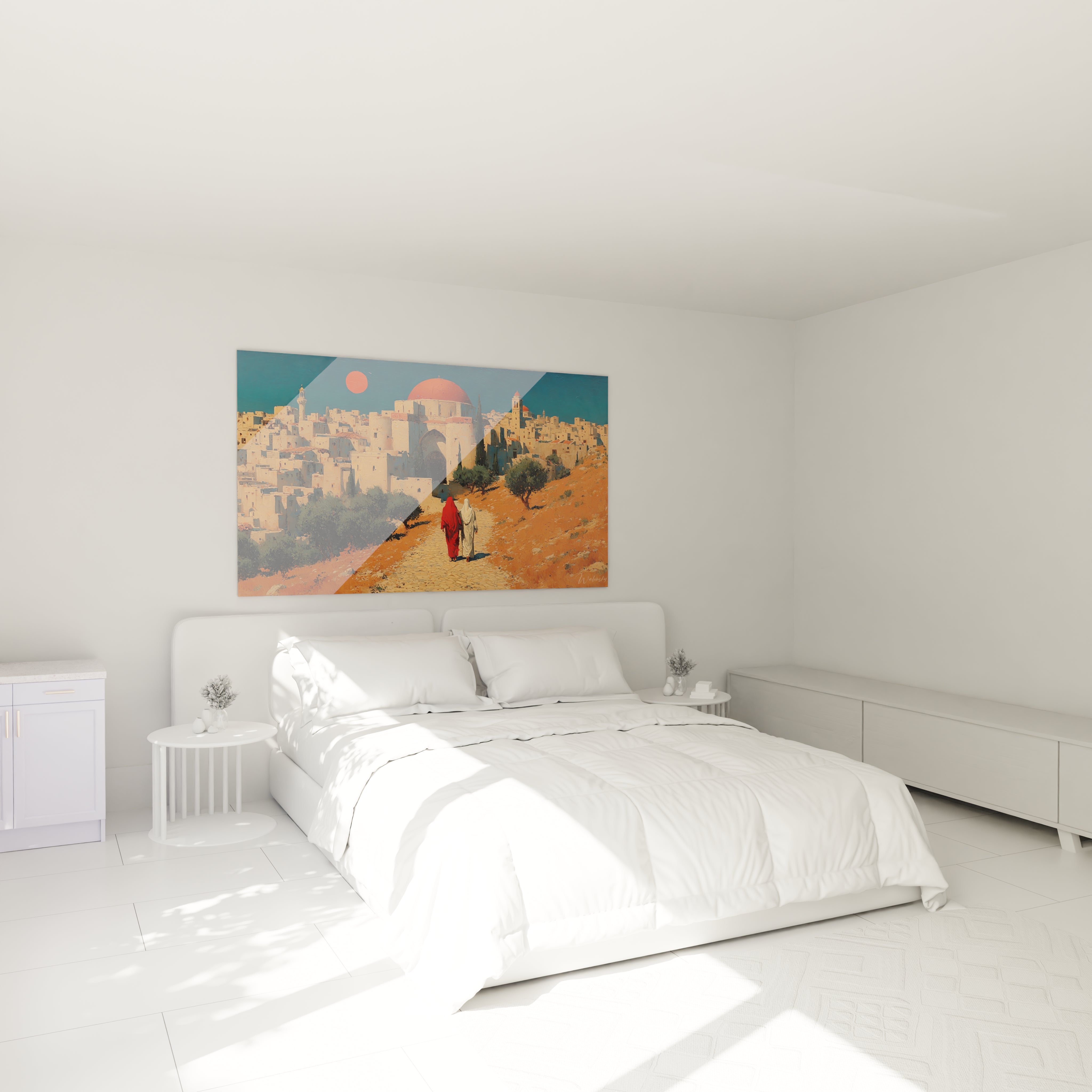 tableau ville orientale Walensky mural au dessus d un lit blanc minimaliste paysage oriental avec deux personnages marchant